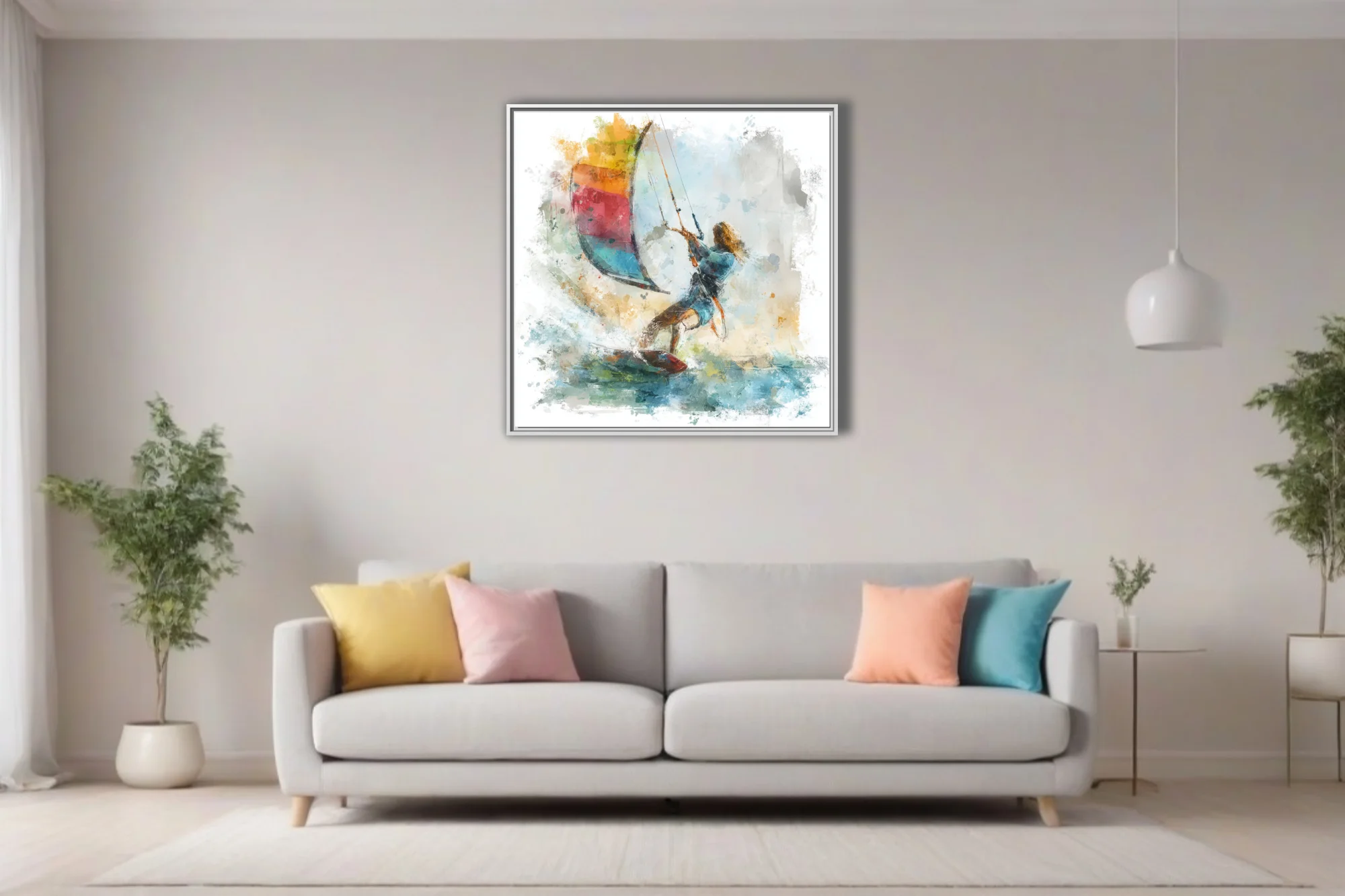 Abstract watercolor-style kitesurfing scene with vivid multicolored kite and dynamic fluid washes