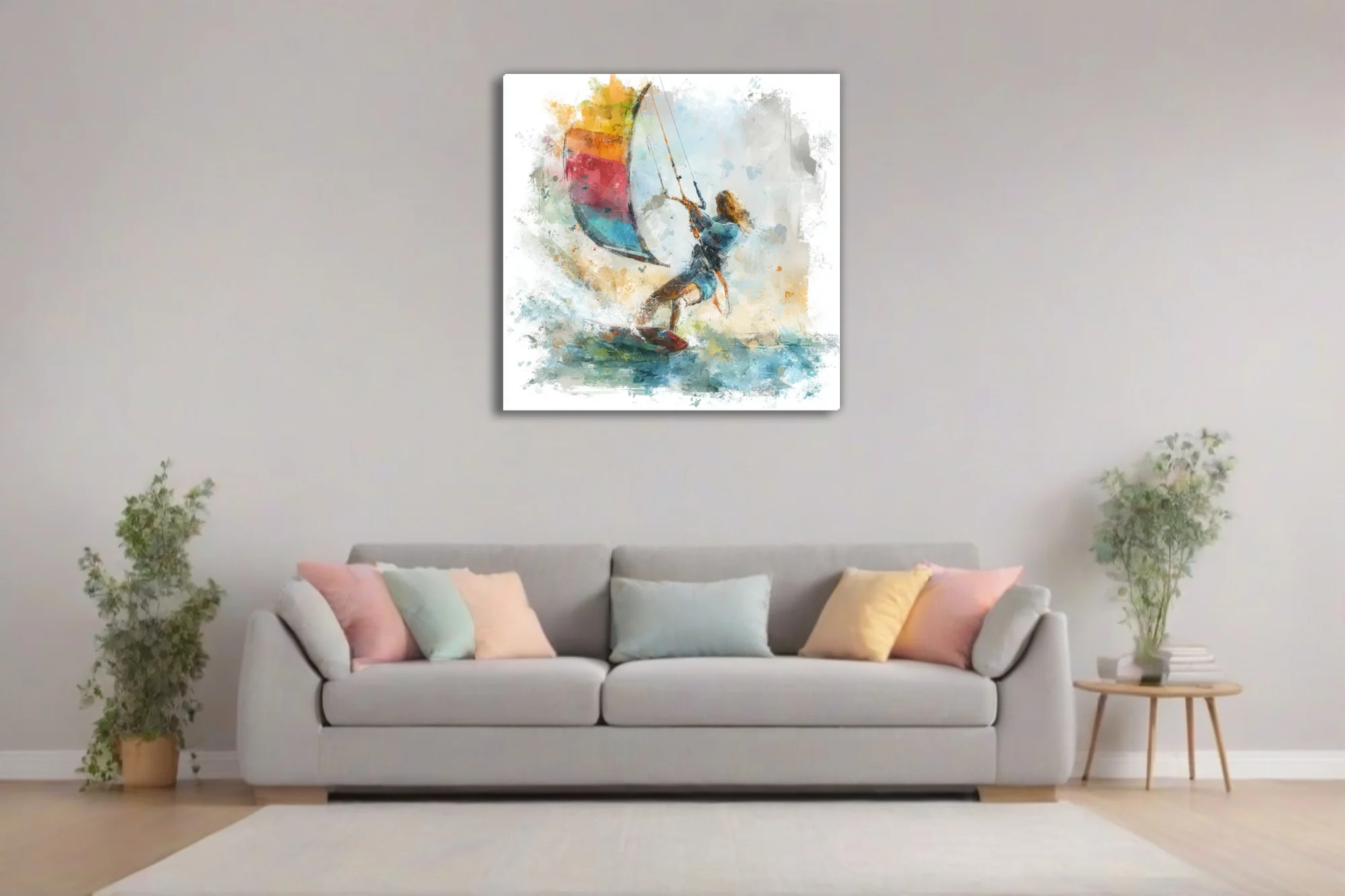 Abstract watercolor-style kitesurfing scene with vivid multicolored kite and dynamic fluid washes