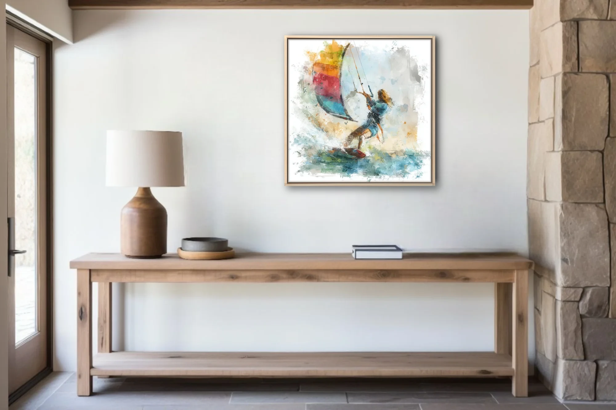 Abstract watercolor-style kitesurfing scene with vivid multicolored kite and dynamic fluid washes