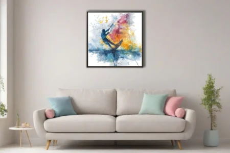 Abstract kitesurfer watercolor-style art in crimson, amber, and blue splatter