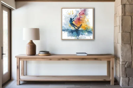Abstract kitesurfer watercolor-style art in crimson, amber, and blue splatter