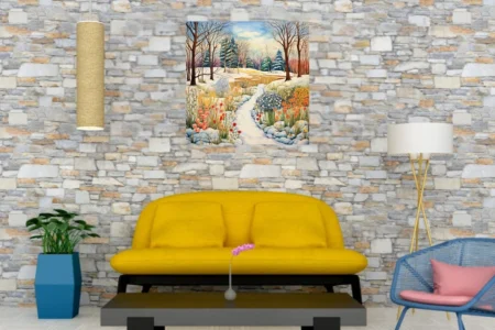 Watercolor-style winter garden with colorful flowers, snow-covered path, and evergreen trees