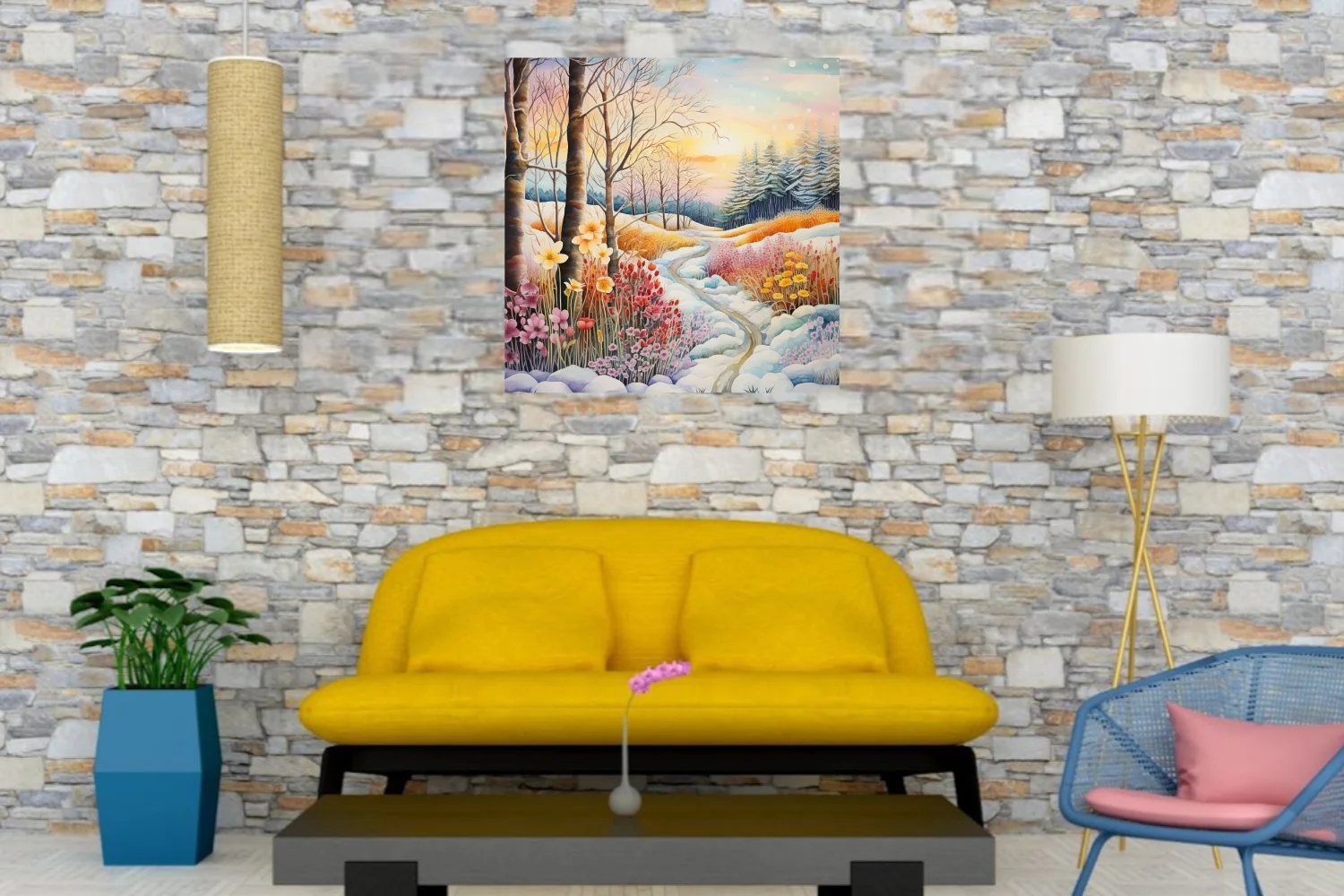 Watercolor-style winter landscape with colorful wildflowers, snowy path, and glowing sunset sky