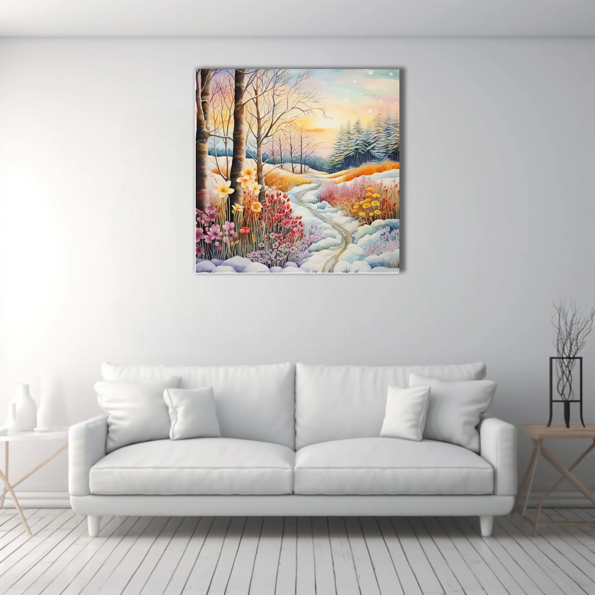 Watercolor-style winter landscape with colorful wildflowers, snowy path, and glowing sunset sky