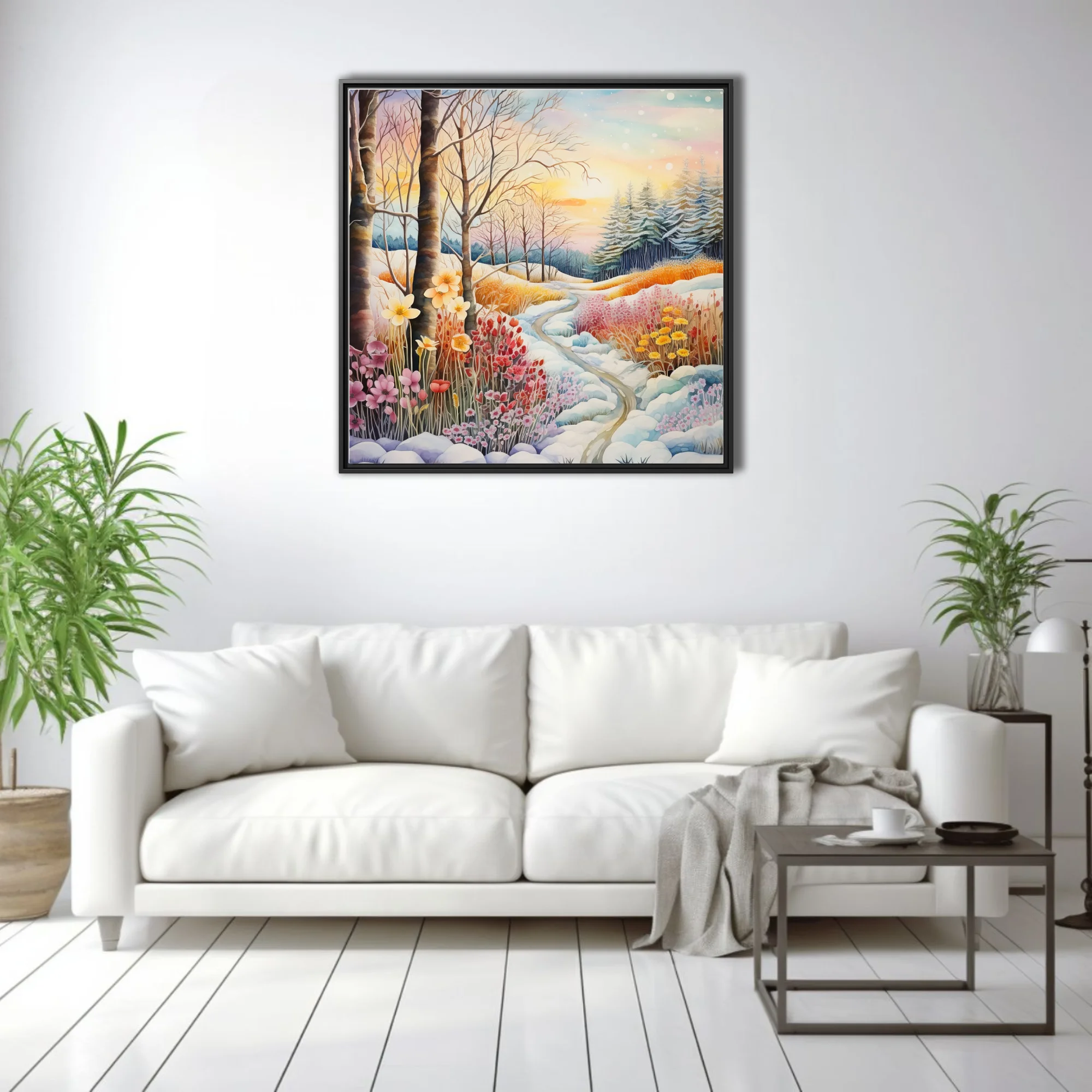 Watercolor-style winter landscape with colorful wildflowers, snowy path, and glowing sunset sky