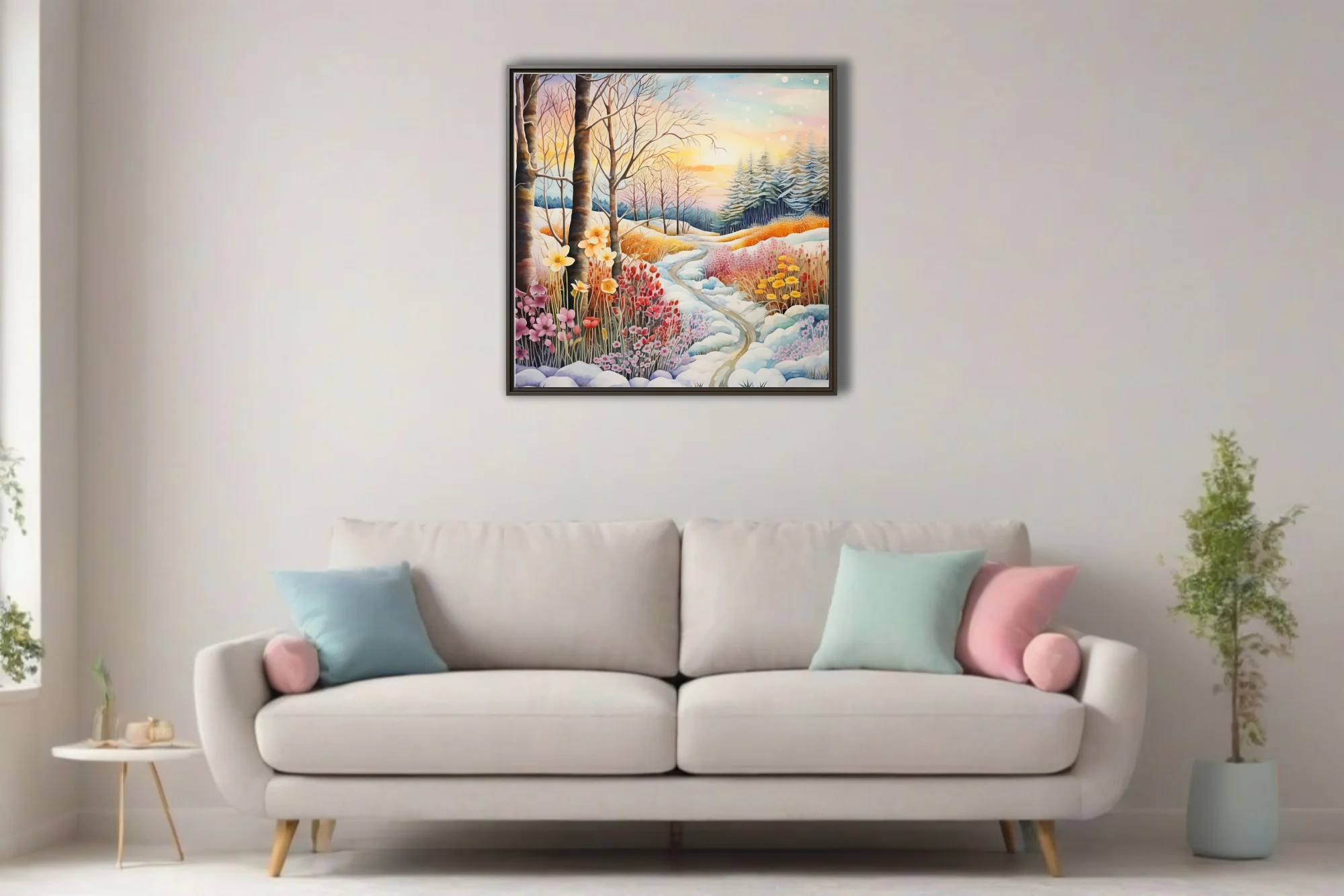 Watercolor-style winter landscape with colorful wildflowers, snowy path, and glowing sunset sky