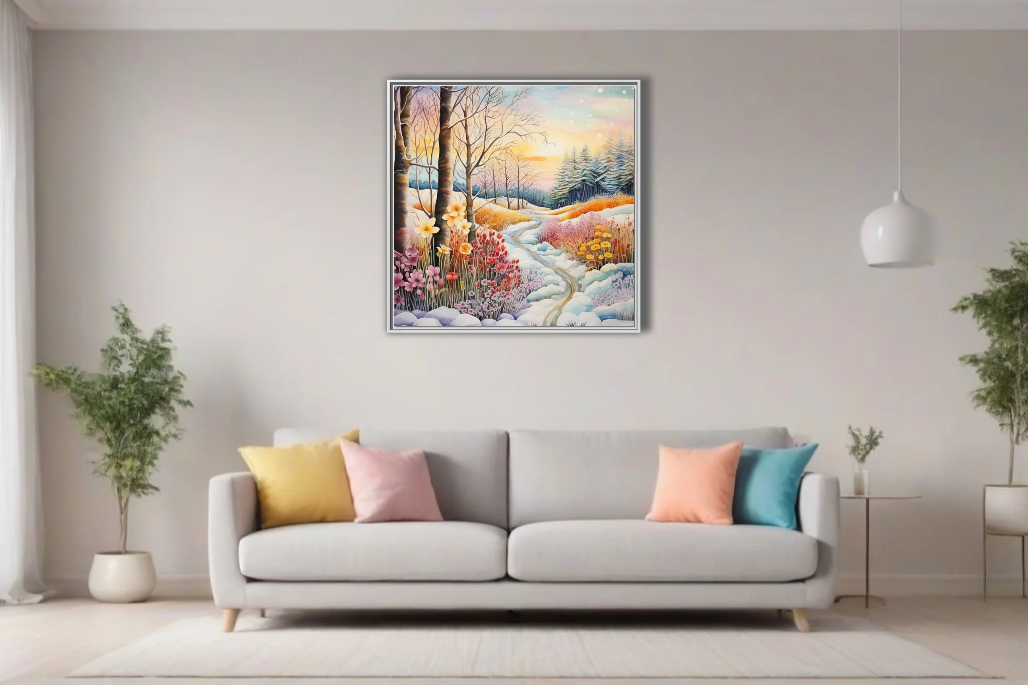 Watercolor-style winter landscape with colorful wildflowers, snowy path, and glowing sunset sky