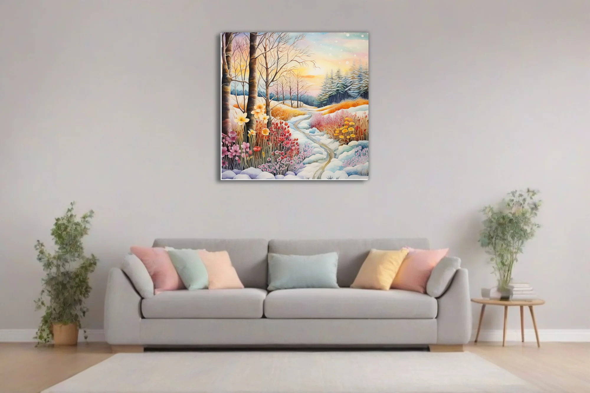 Watercolor-style winter landscape with colorful wildflowers, snowy path, and glowing sunset sky