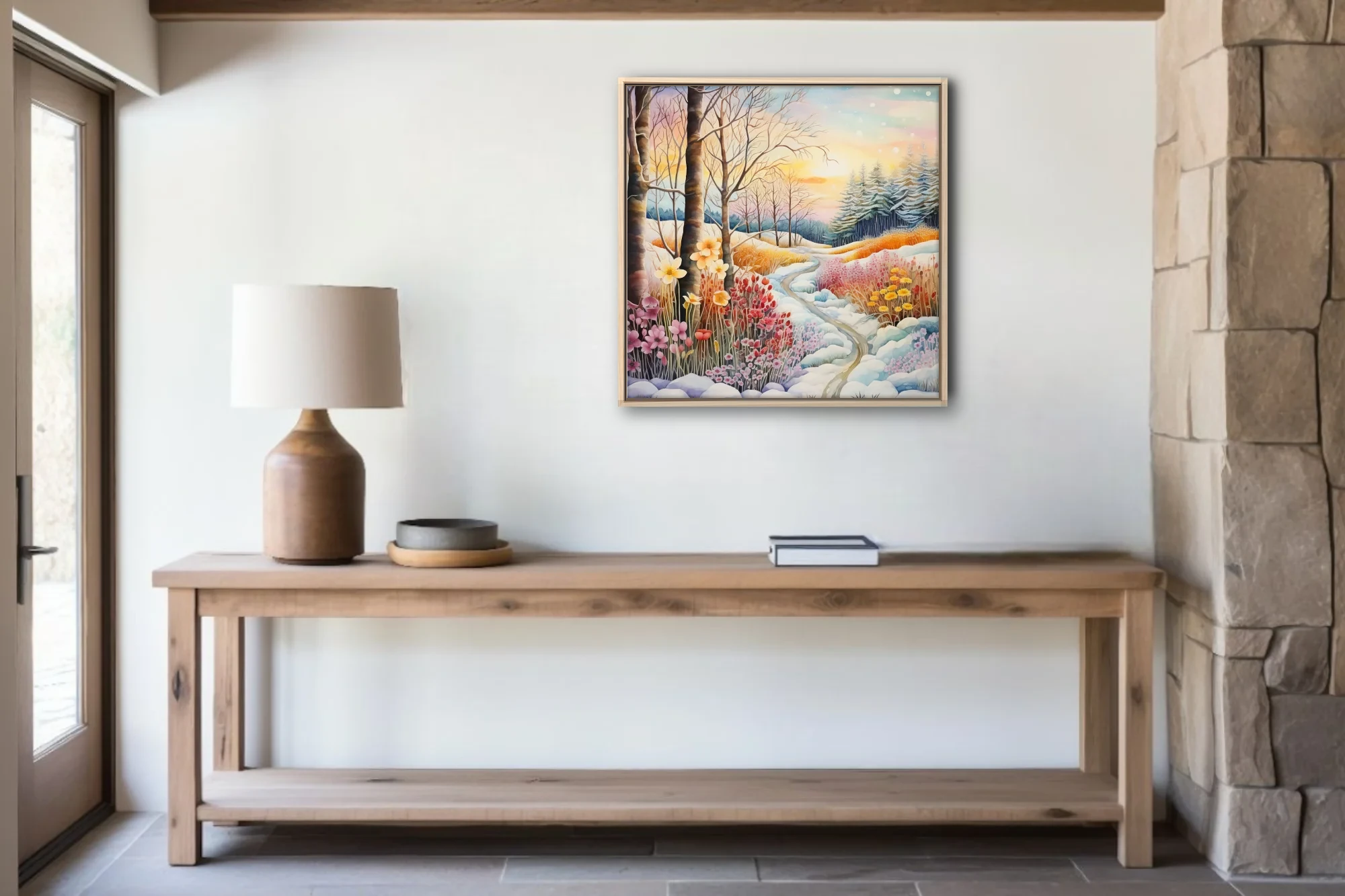Watercolor-style winter landscape with colorful wildflowers, snowy path, and glowing sunset sky