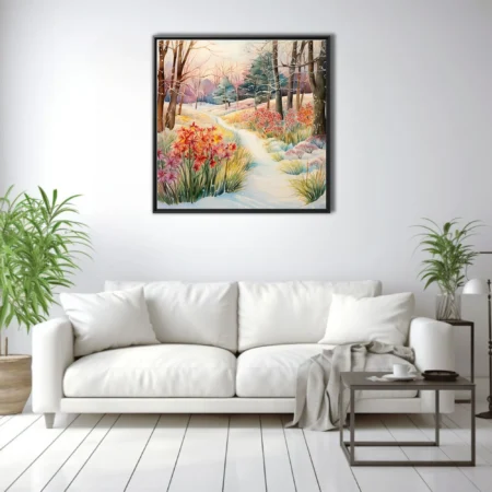 Watercolor-style winter landscape with colorful blooms along a snowy woodland path