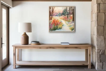 Watercolor-style winter landscape with colorful blooms along a snowy woodland path