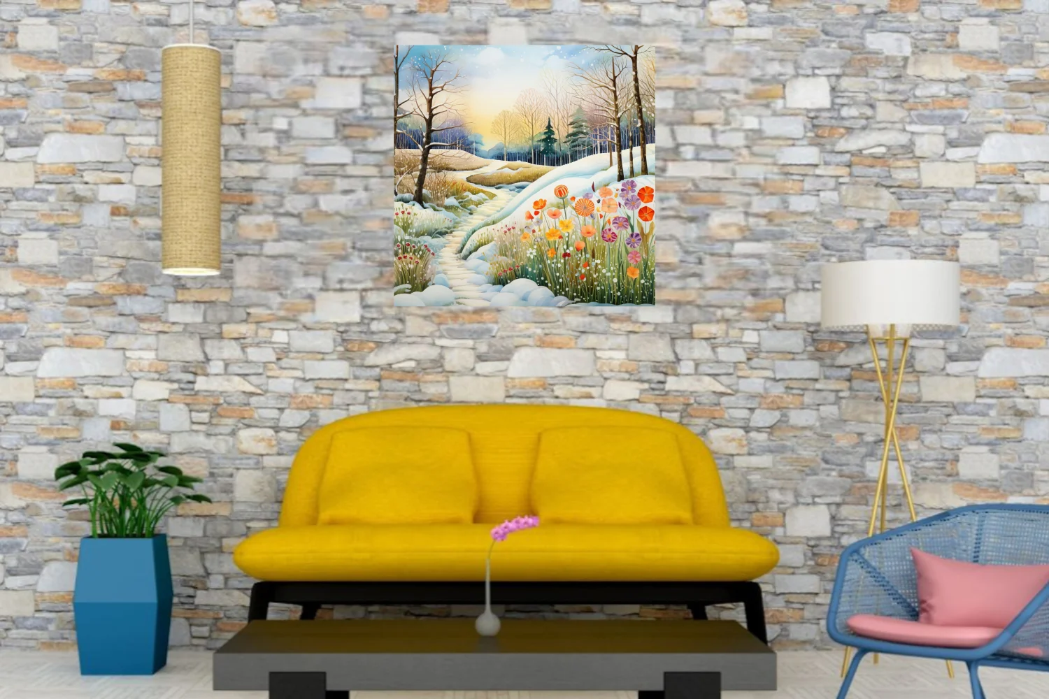 Watercolor-style snowy woodland path with vibrant wildflowers, warm golden light
