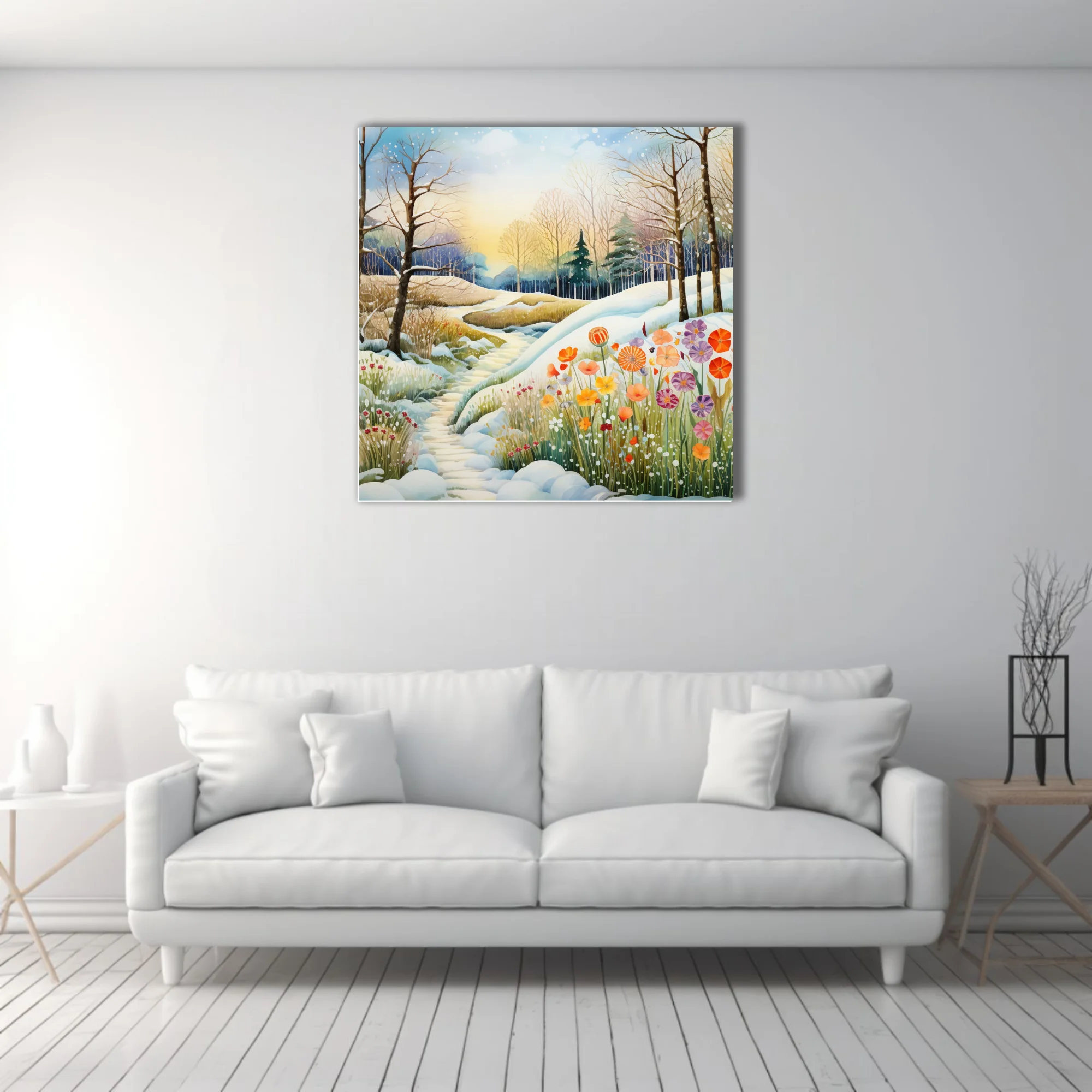 Watercolor-style snowy woodland path with vibrant wildflowers, warm golden light