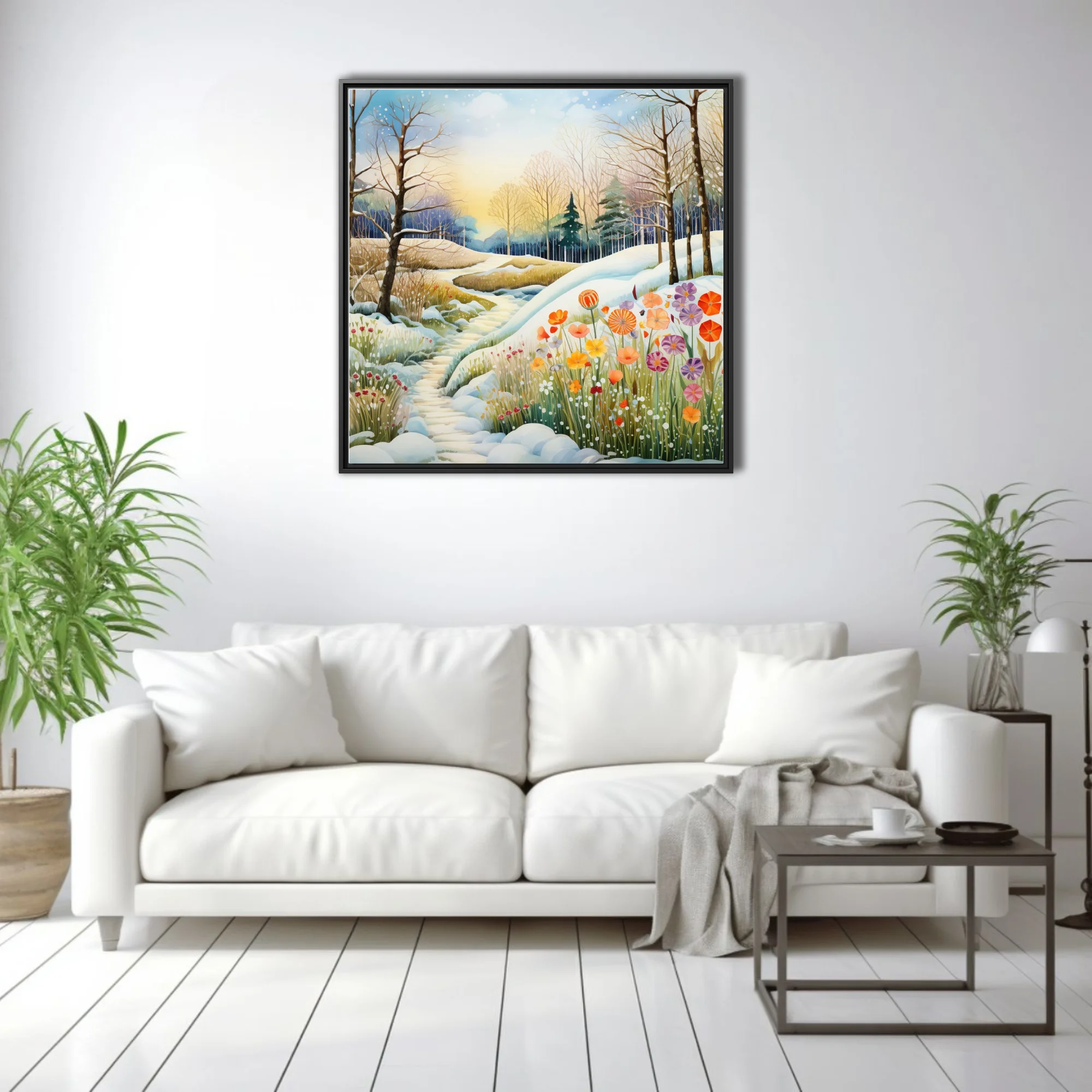 Watercolor-style snowy woodland path with vibrant wildflowers, warm golden light