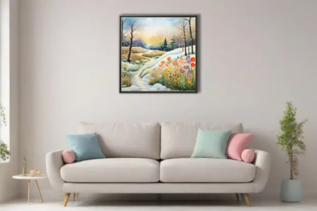 Watercolor-style snowy woodland path with vibrant wildflowers, warm golden light