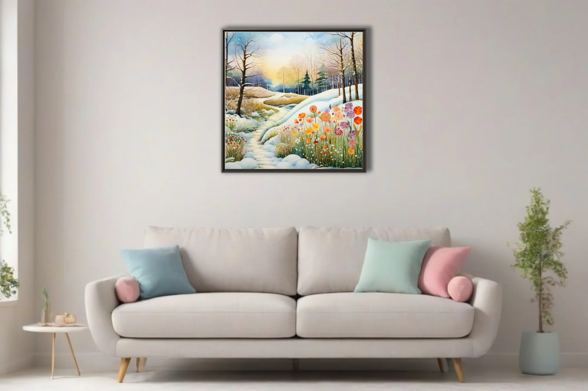 Watercolor-style snowy woodland path with vibrant wildflowers, warm golden light