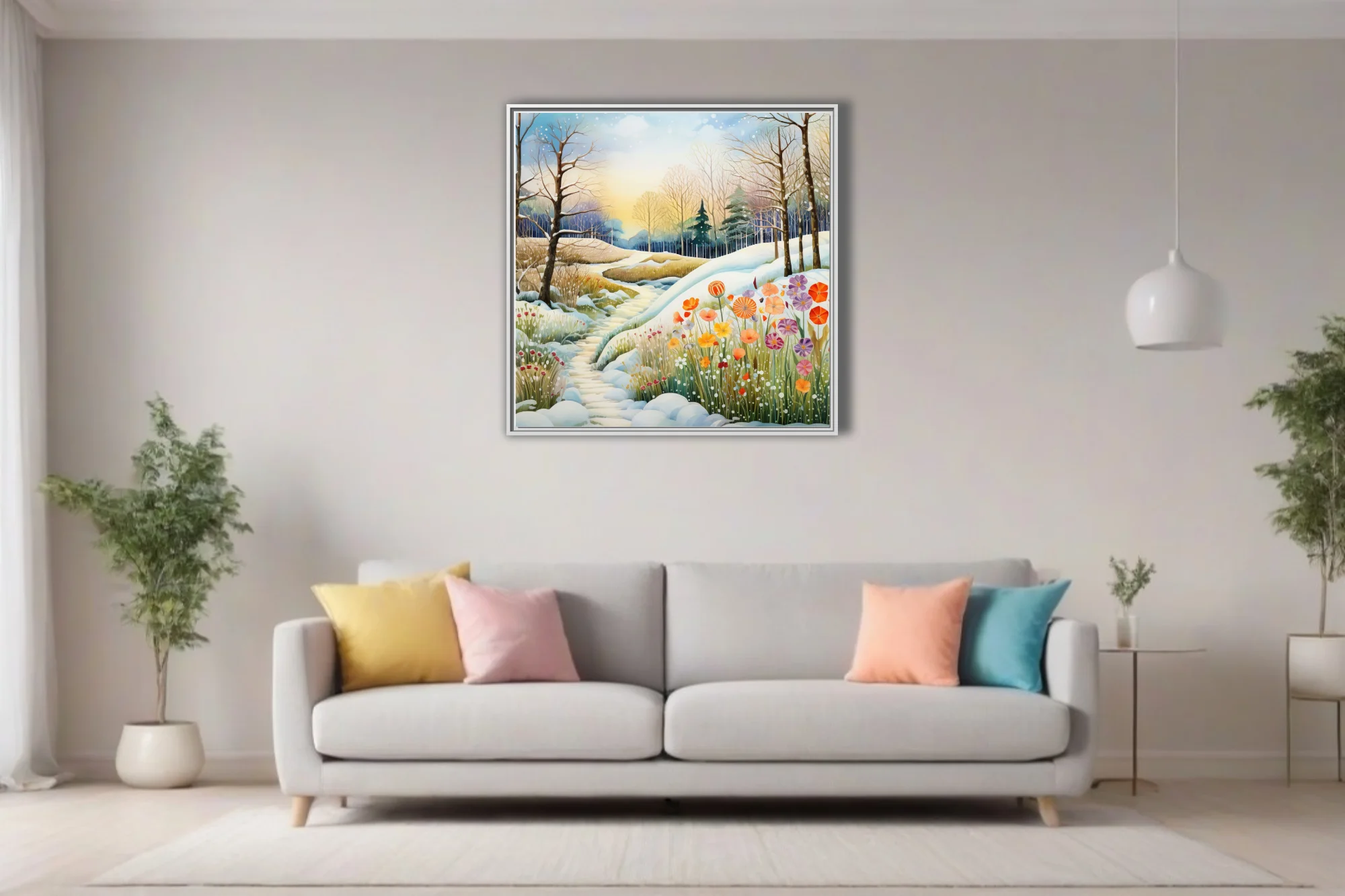 Watercolor-style snowy woodland path with vibrant wildflowers, warm golden light