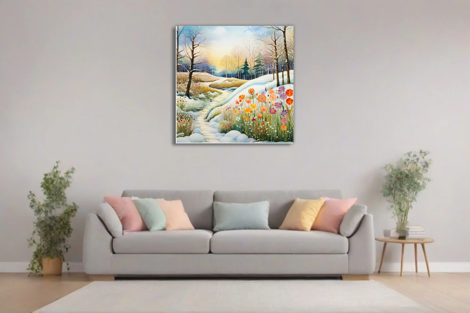 Watercolor-style snowy woodland path with vibrant wildflowers, warm golden light