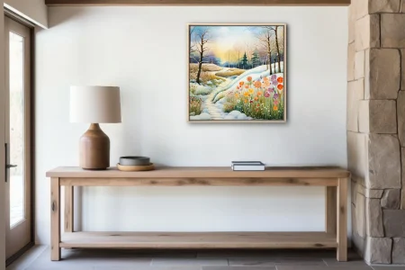 Watercolor-style snowy woodland path with vibrant wildflowers, warm golden light
