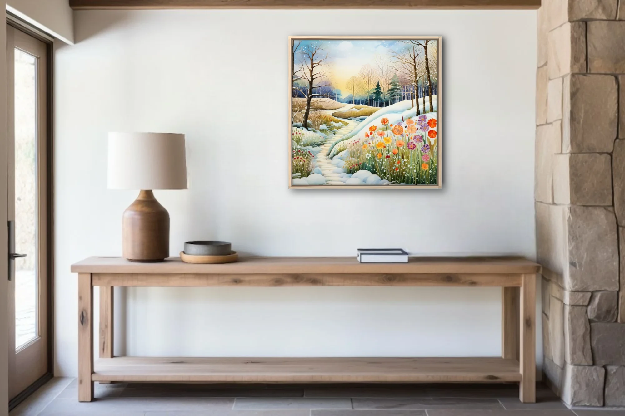 Watercolor-style snowy woodland path with vibrant wildflowers, warm golden light