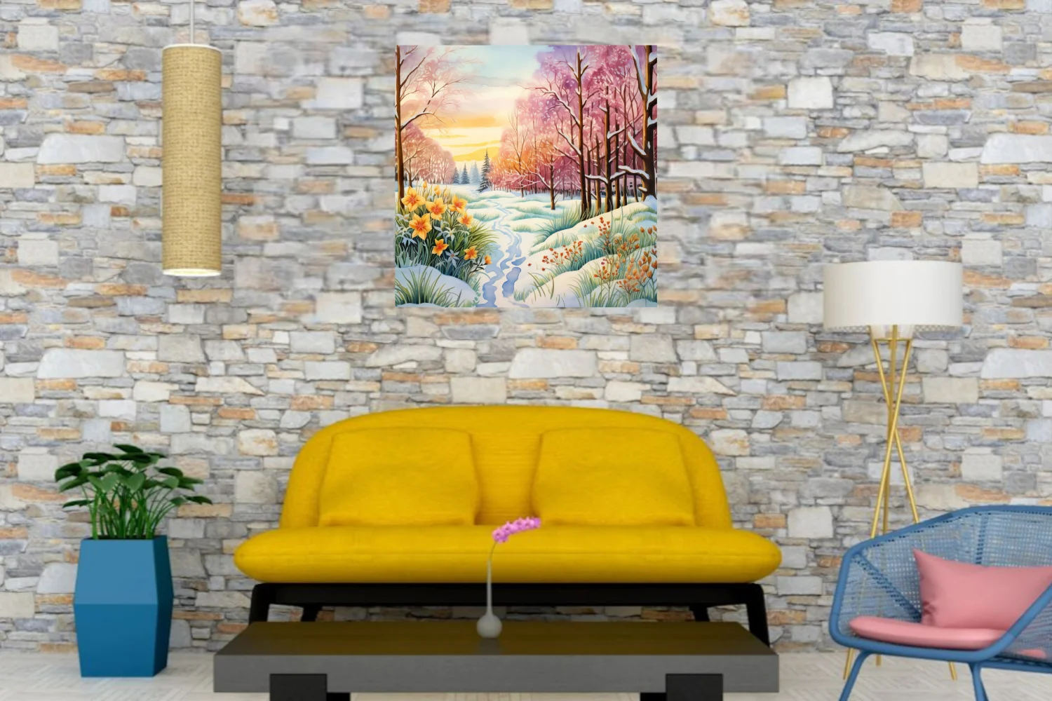 Watercolor-style winter-to-spring woodland scene with snow, daffodils, and pink blossoming trees