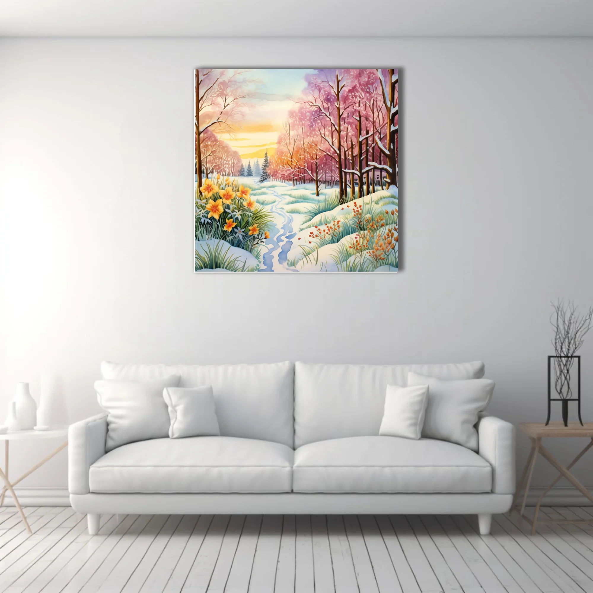 Watercolor-style winter-to-spring woodland scene with snow, daffodils, and pink blossoming trees