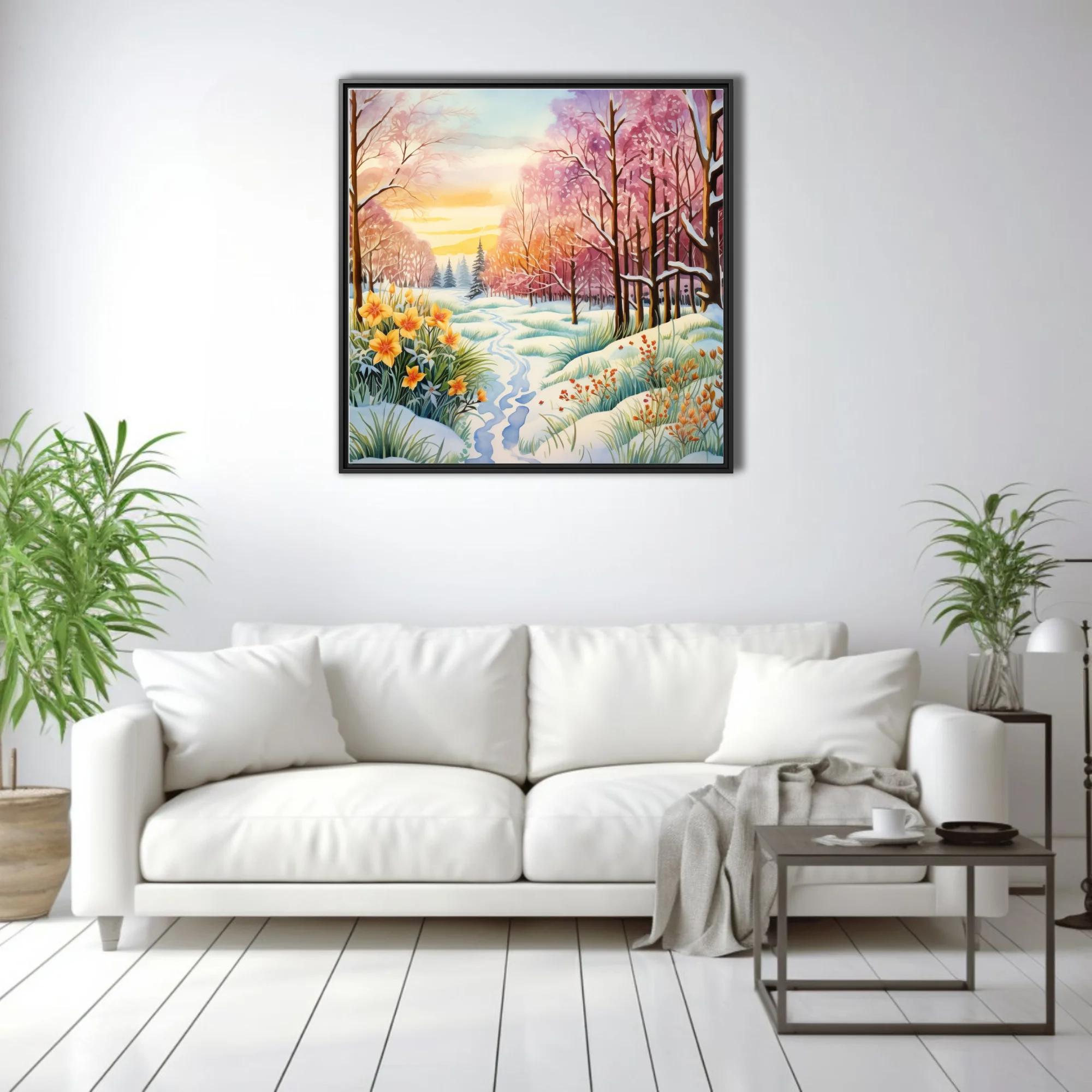 Watercolor-style winter-to-spring woodland scene with snow, daffodils, and pink blossoming trees
