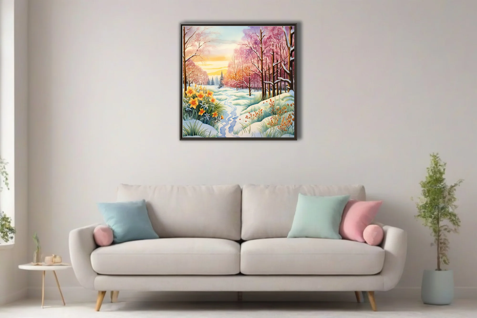 Watercolor-style winter-to-spring woodland scene with snow, daffodils, and pink blossoming trees
