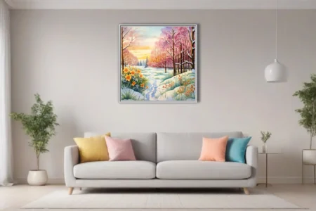 Watercolor-style winter-to-spring woodland scene with snow, daffodils, and pink blossoming trees
