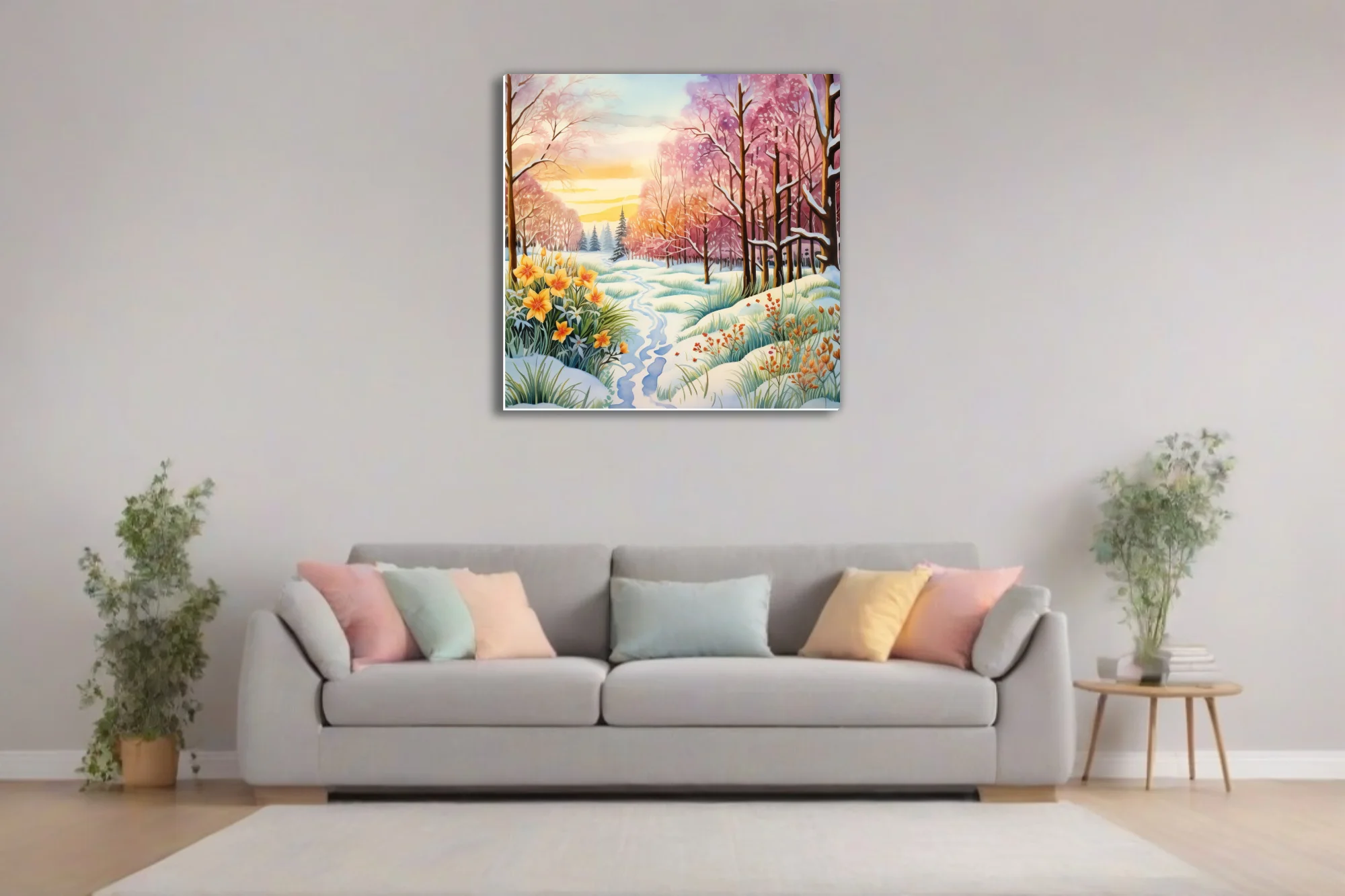 Watercolor-style winter-to-spring woodland scene with snow, daffodils, and pink blossoming trees