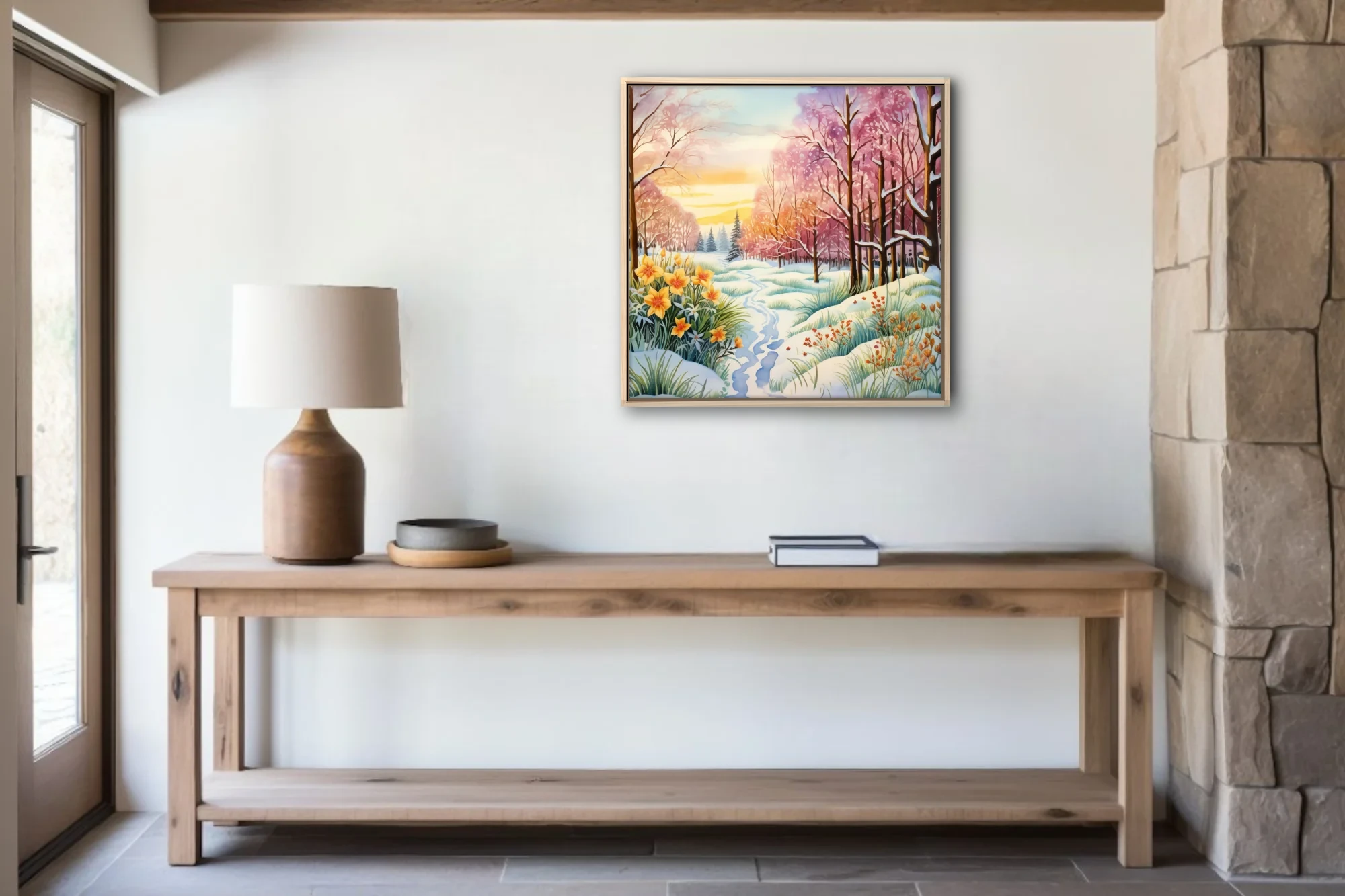 Watercolor-style winter-to-spring woodland scene with snow, daffodils, and pink blossoming trees