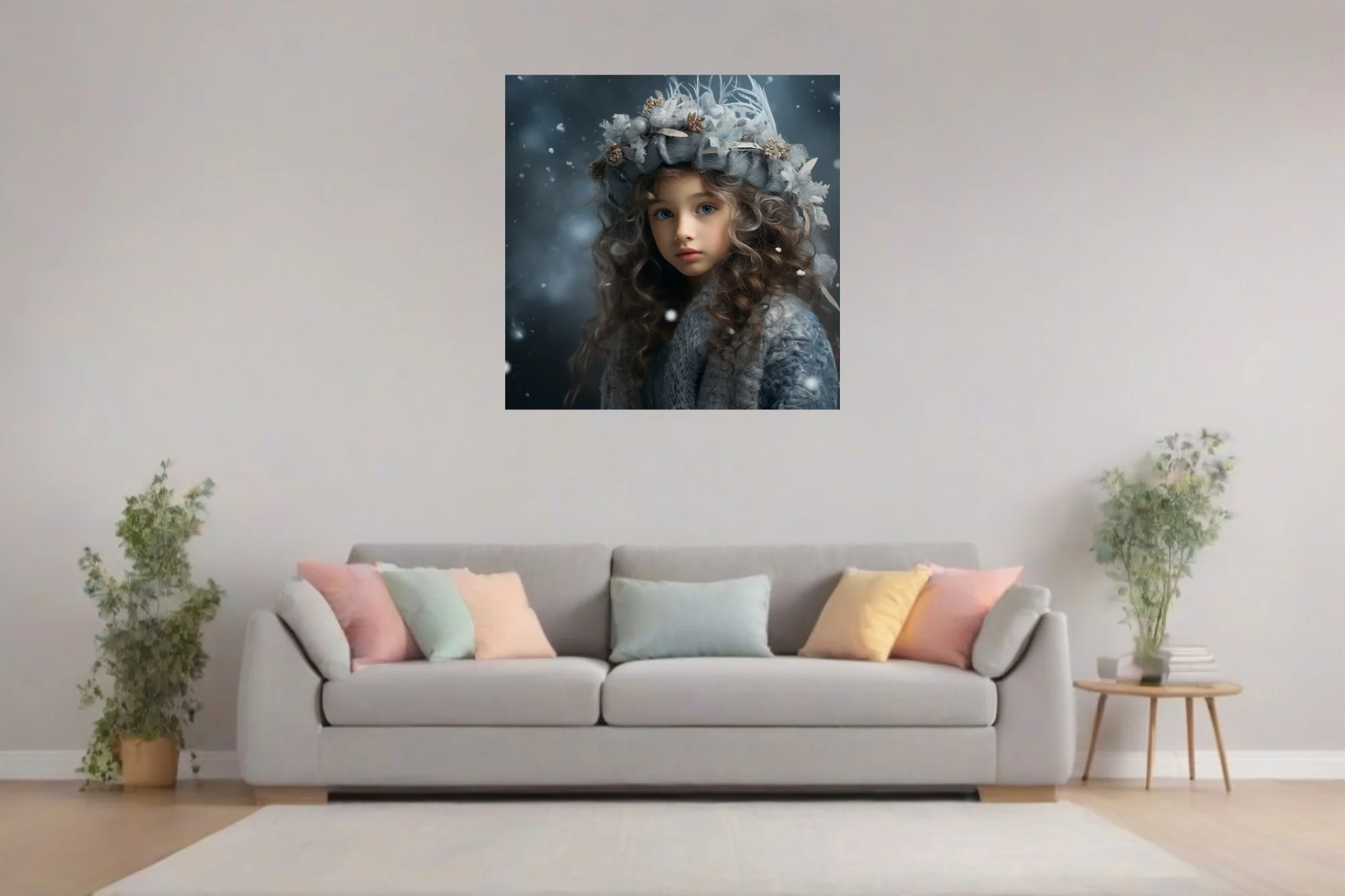 Fantasy winter girl portrait with floral headdress, blue tones, falling snow