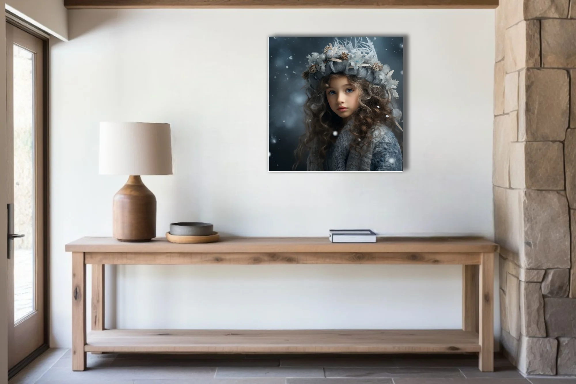 Fantasy winter girl portrait with floral headdress, blue tones, falling snow