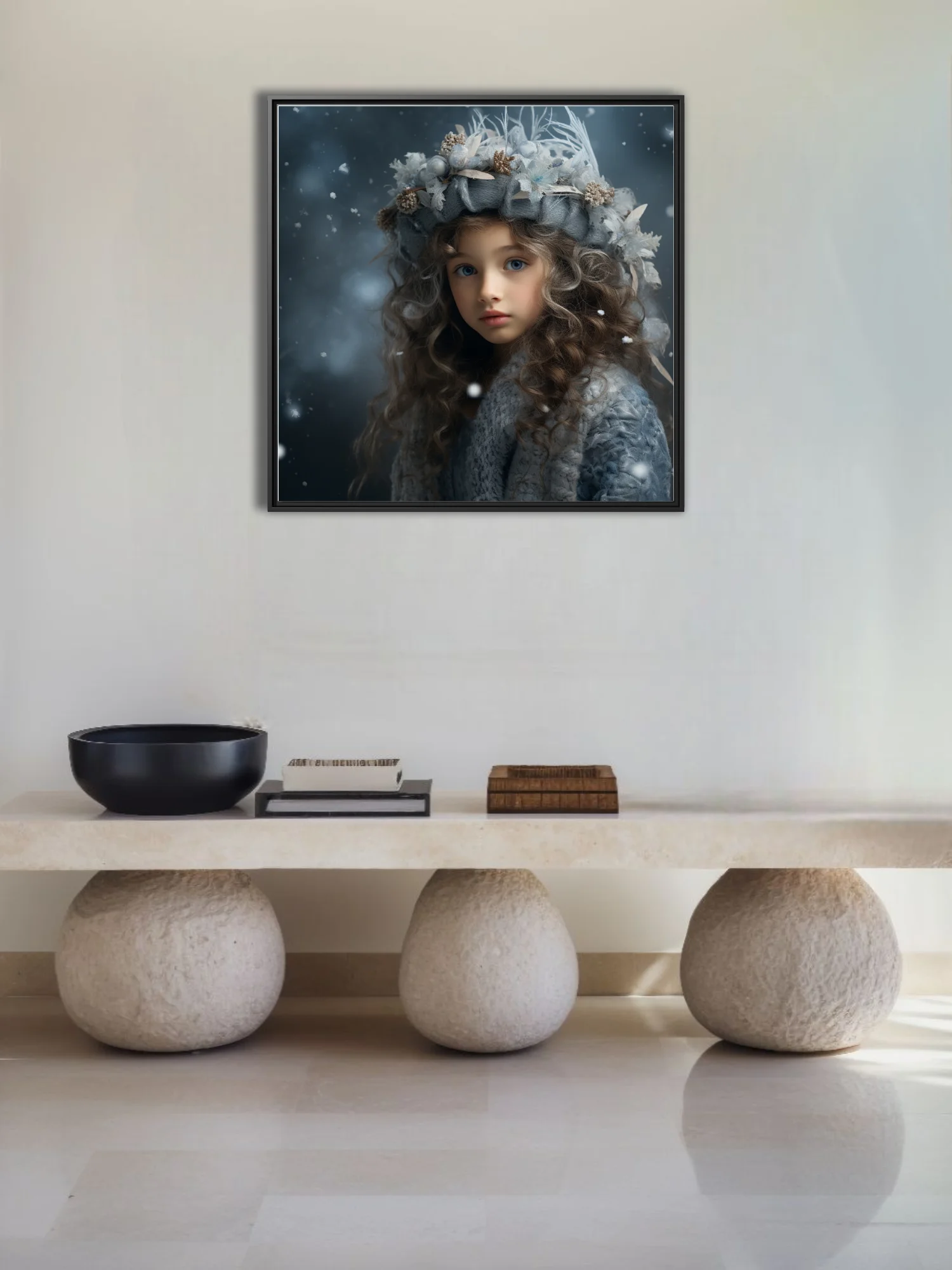 Fantasy winter girl portrait with floral headdress, blue tones, falling snow