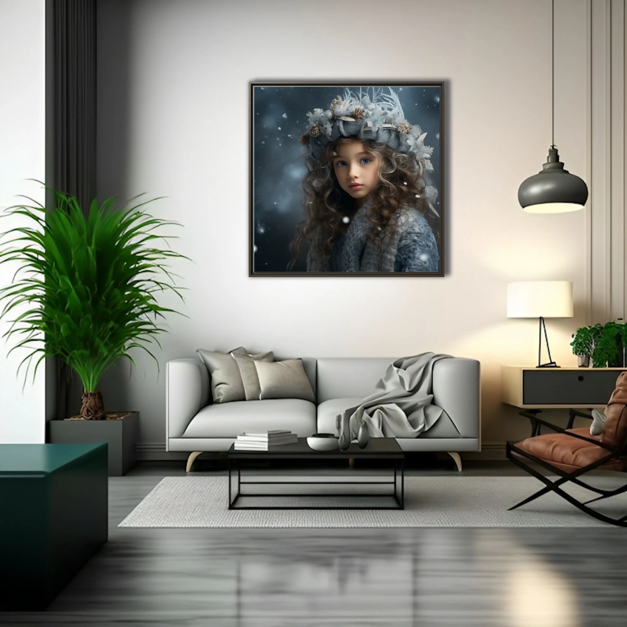 Fantasy winter girl portrait with floral headdress, blue tones, falling snow