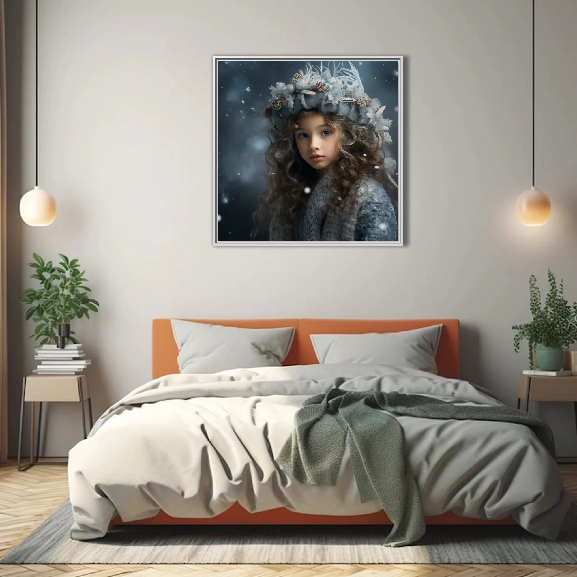 Fantasy winter girl portrait with floral headdress, blue tones, falling snow
