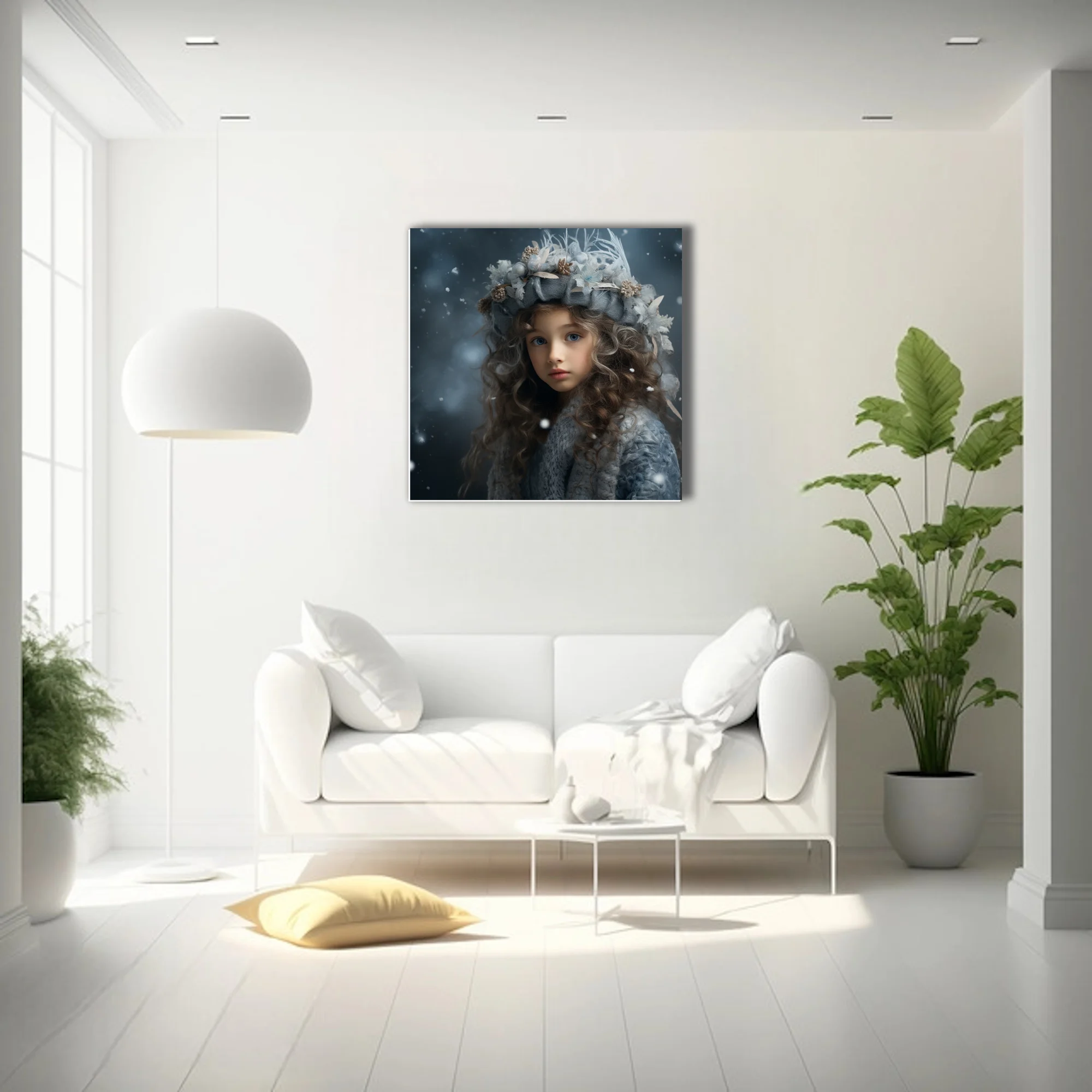 Fantasy winter girl portrait with floral headdress, blue tones, falling snow