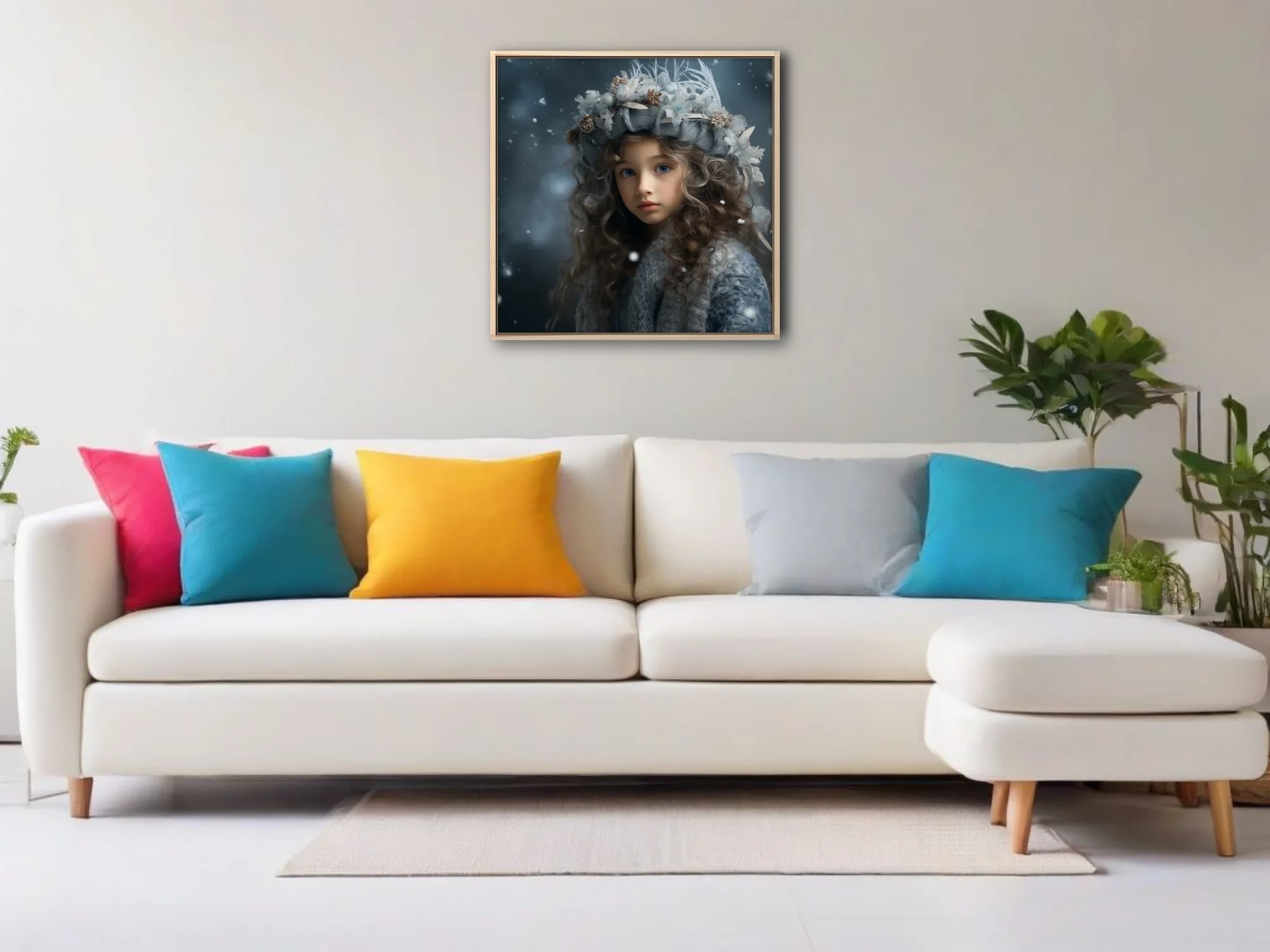 Fantasy winter girl portrait with floral headdress, blue tones, falling snow