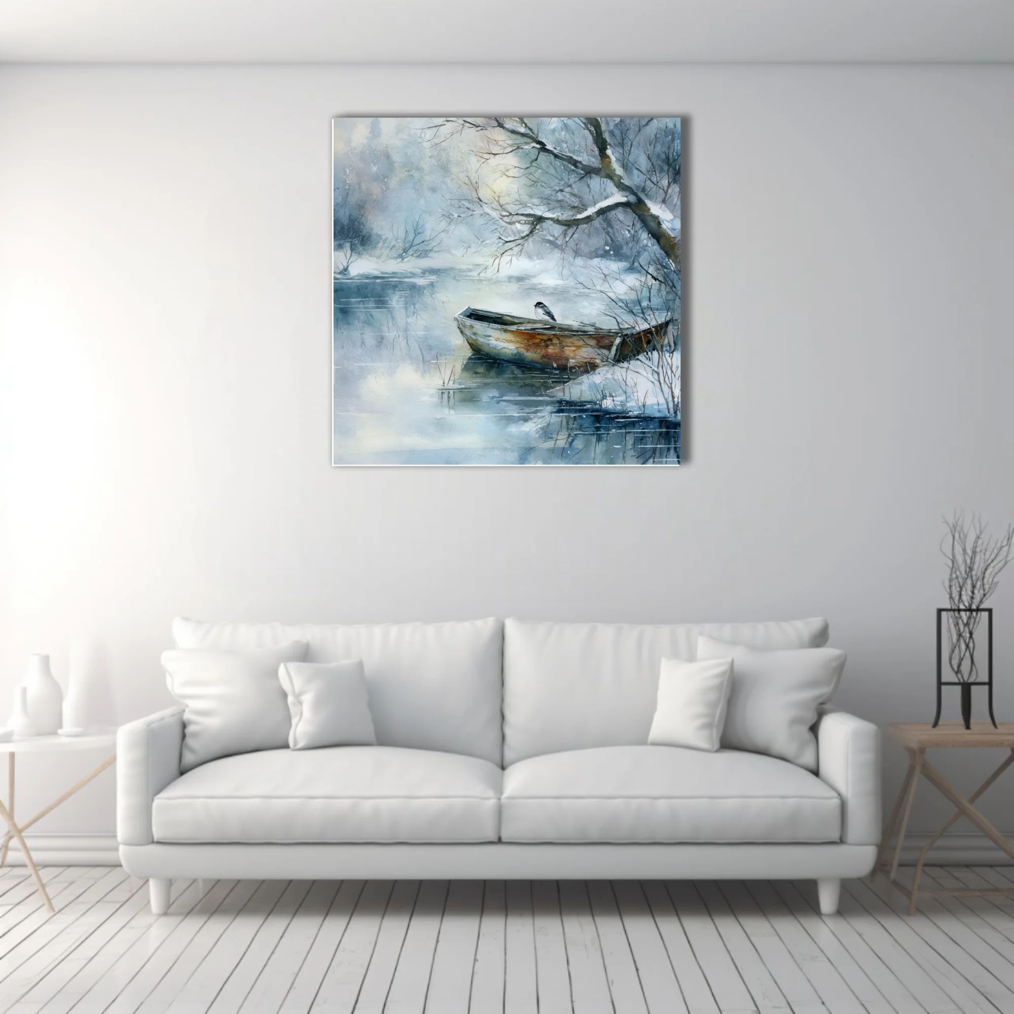 Watercolor-style winter lake scene with snow-covered boat and bird, blue-grey palette