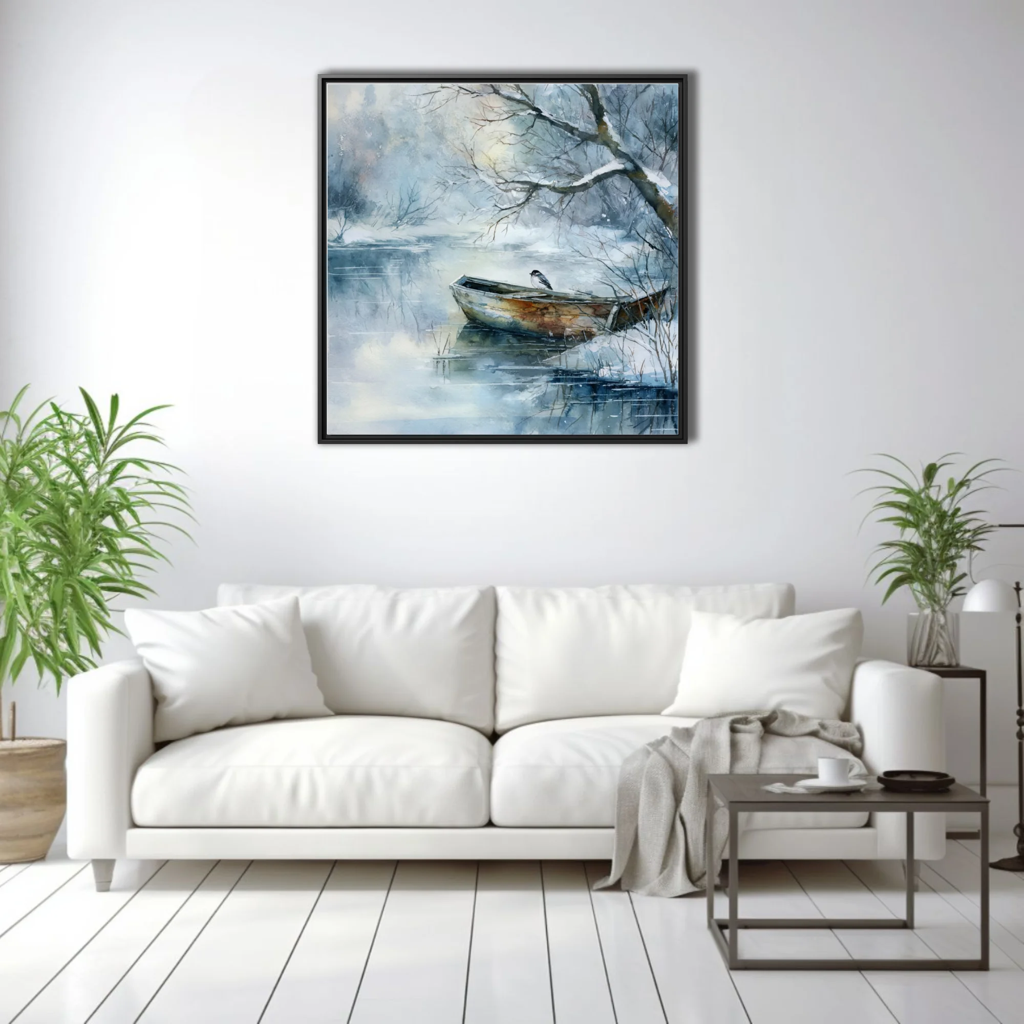 Watercolor-style winter lake scene with snow-covered boat and bird, blue-grey palette