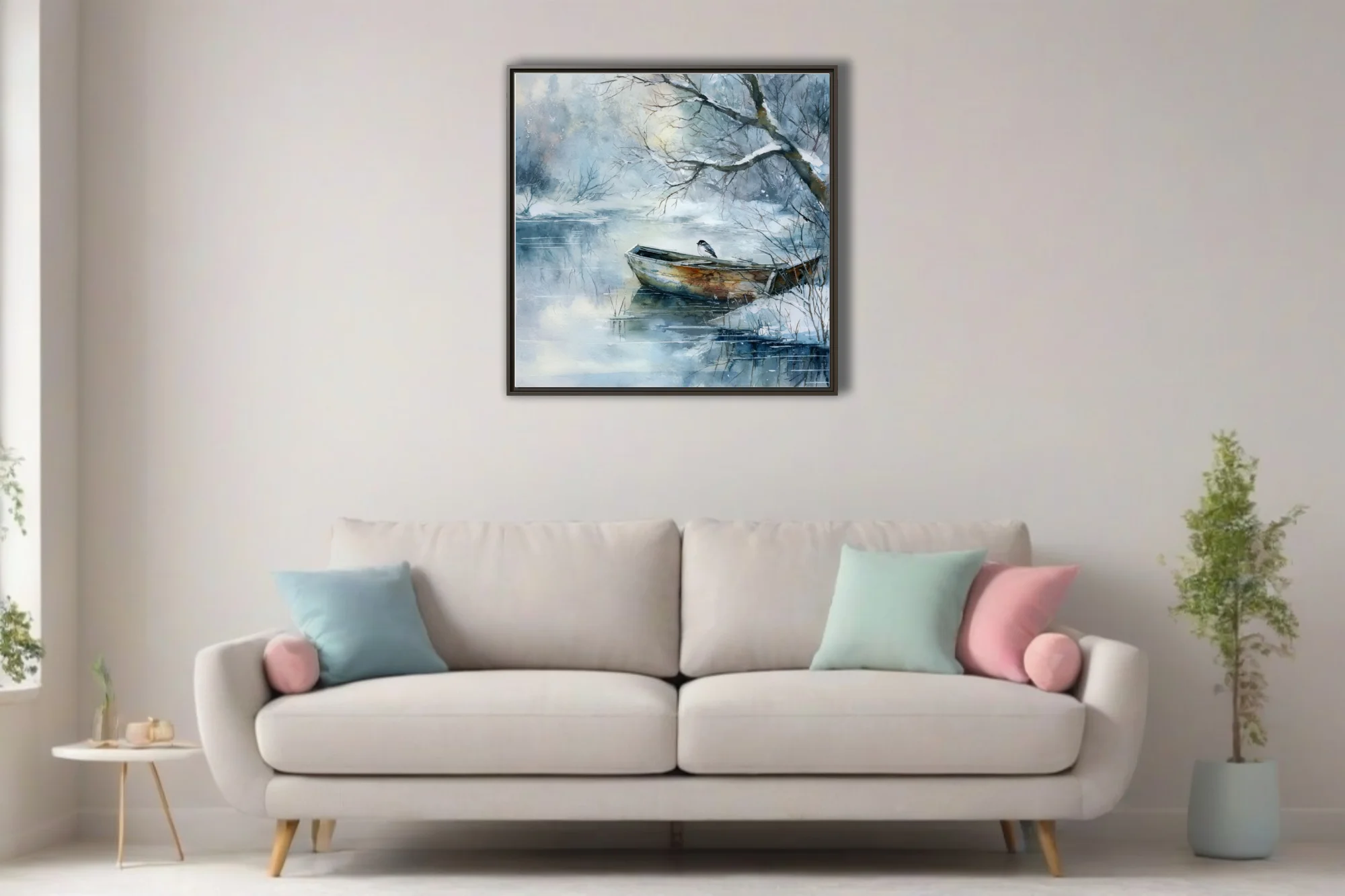Watercolor-style winter lake scene with snow-covered boat and bird, blue-grey palette