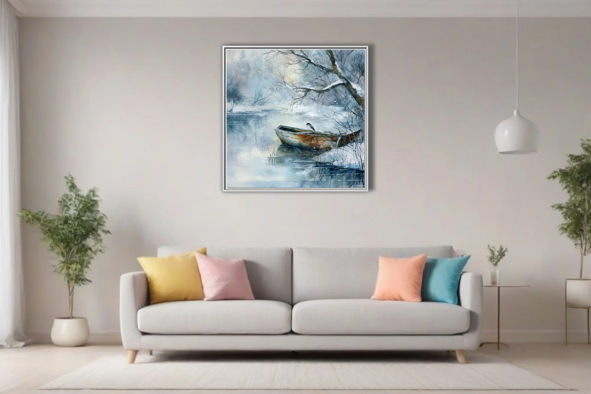 Watercolor-style winter lake scene with snow-covered boat and bird, blue-grey palette
