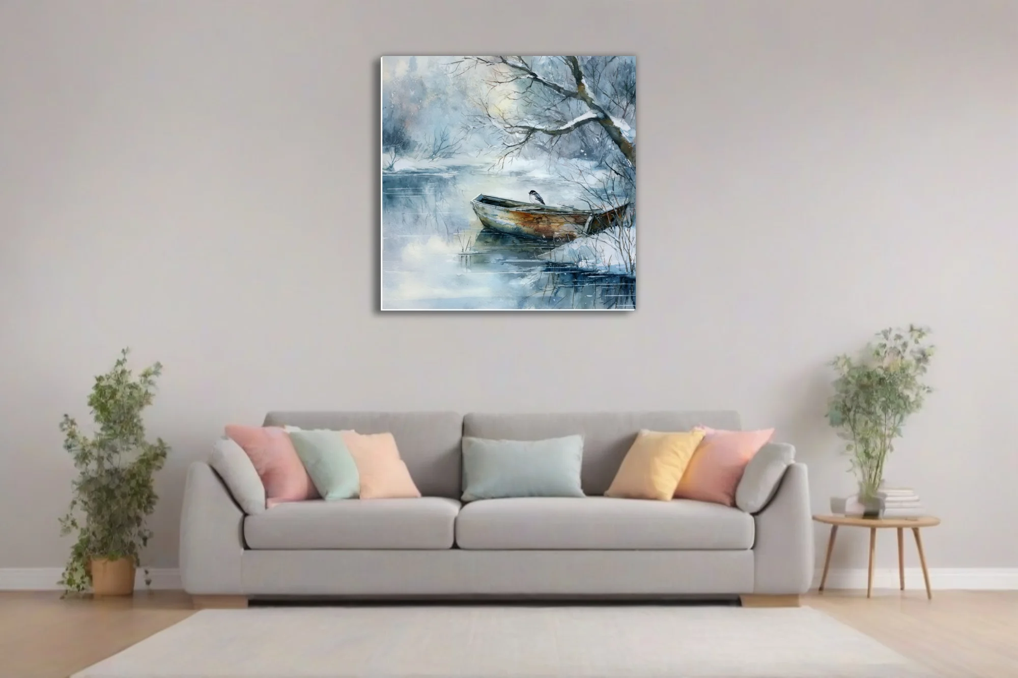 Watercolor-style winter lake scene with snow-covered boat and bird, blue-grey palette