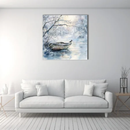 Watercolor-style winter lake scene with snow-dusted rowboat, small bird, bare branches, icy blues
