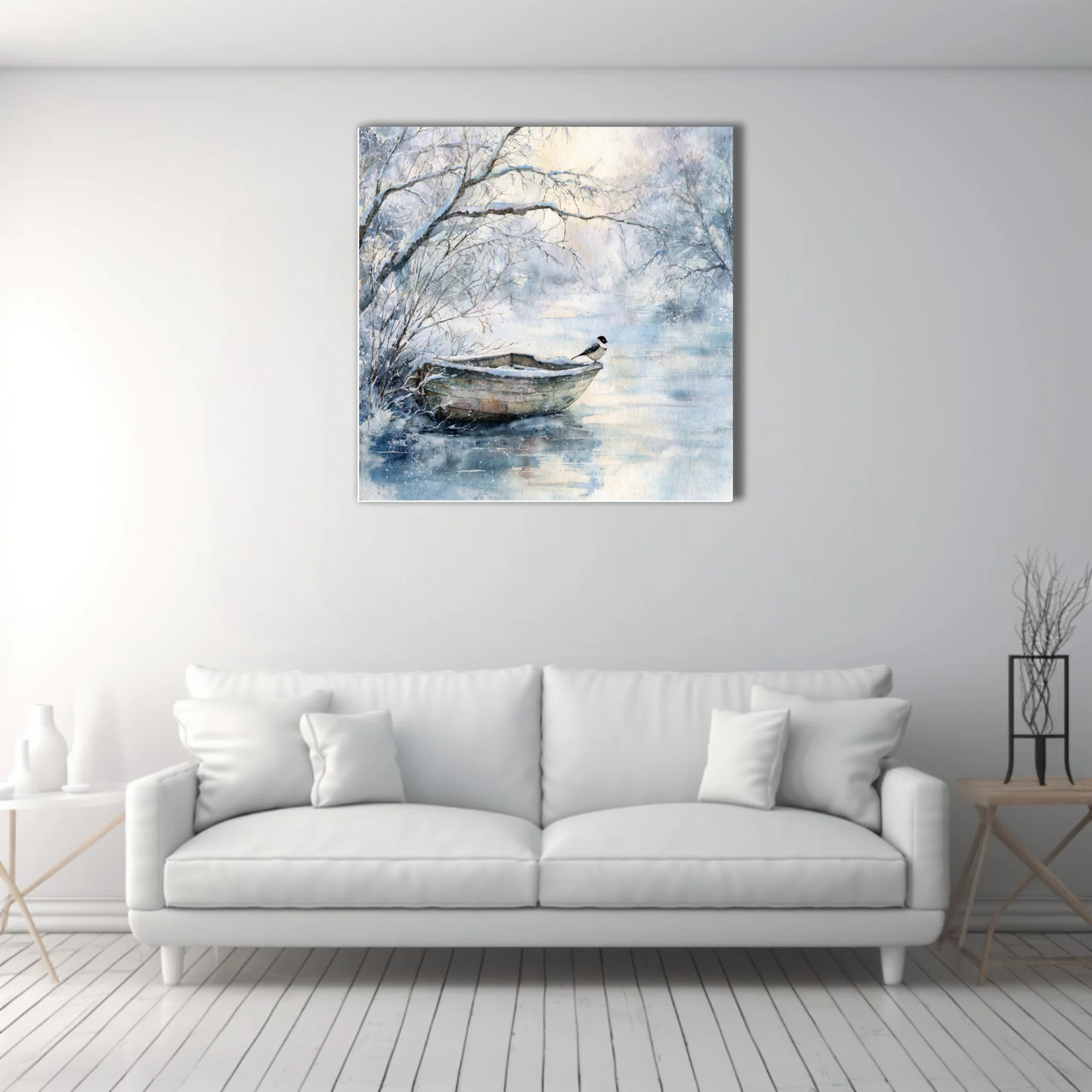 Watercolor-style winter lake scene with snow-dusted rowboat, small bird, bare branches, icy blues