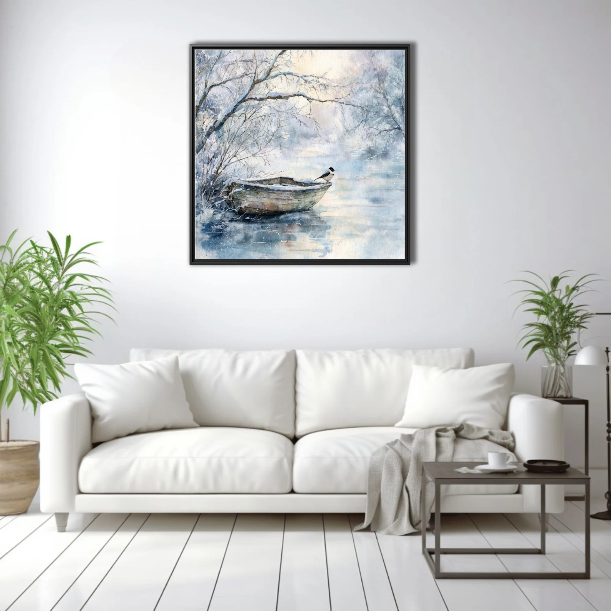 Watercolor-style winter lake scene with snow-dusted rowboat, small bird, bare branches, icy blues