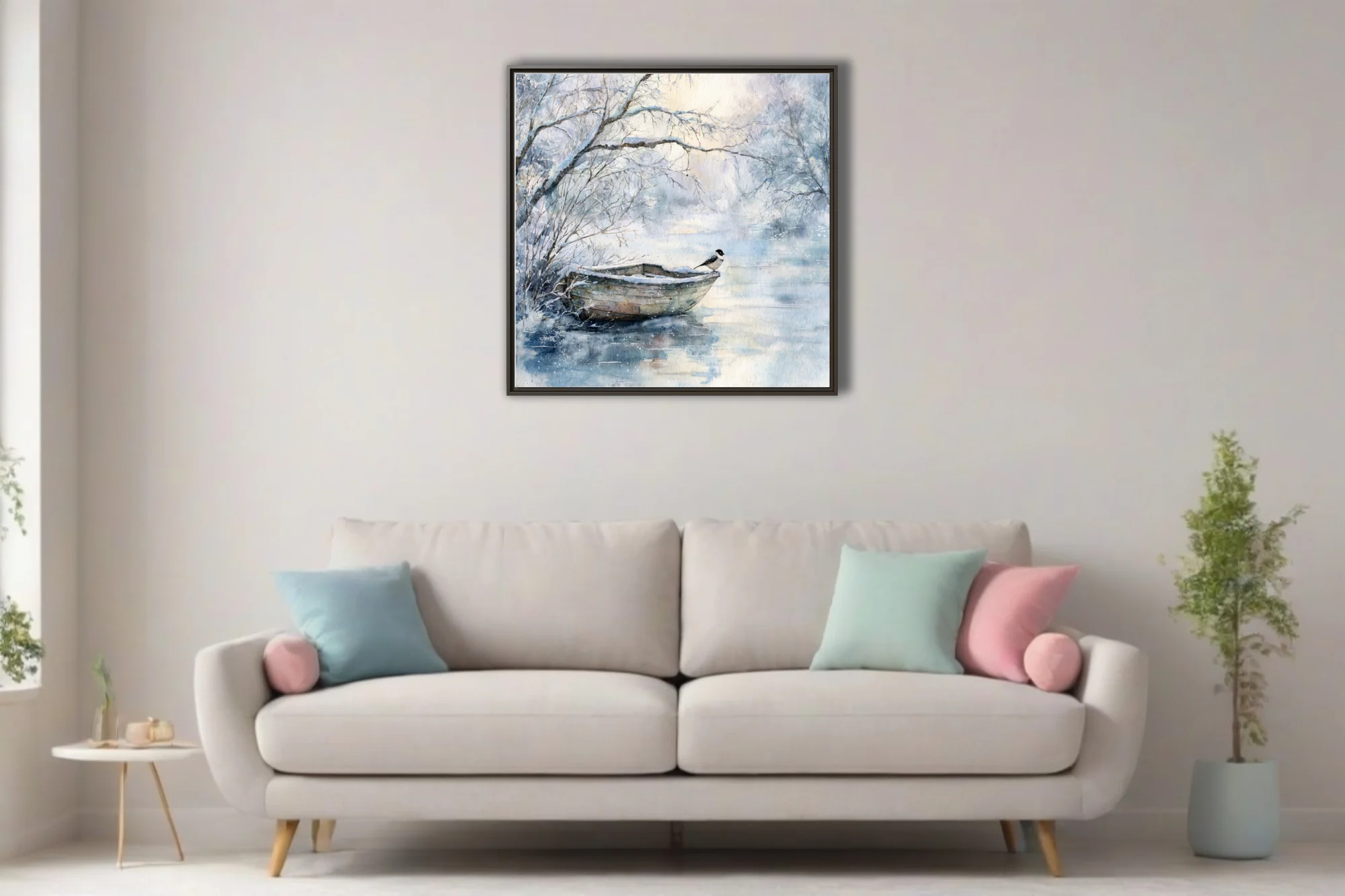 Watercolor-style winter lake scene with snow-dusted rowboat, small bird, bare branches, icy blues