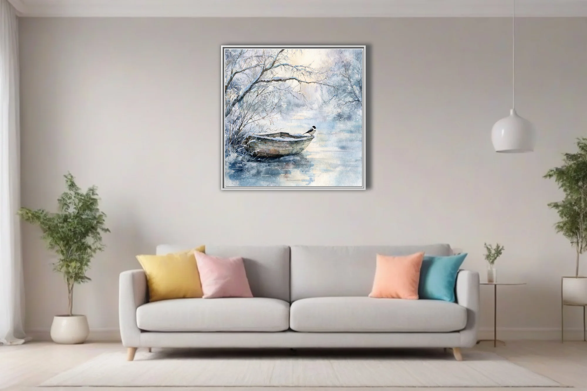 Watercolor-style winter lake scene with snow-dusted rowboat, small bird, bare branches, icy blues