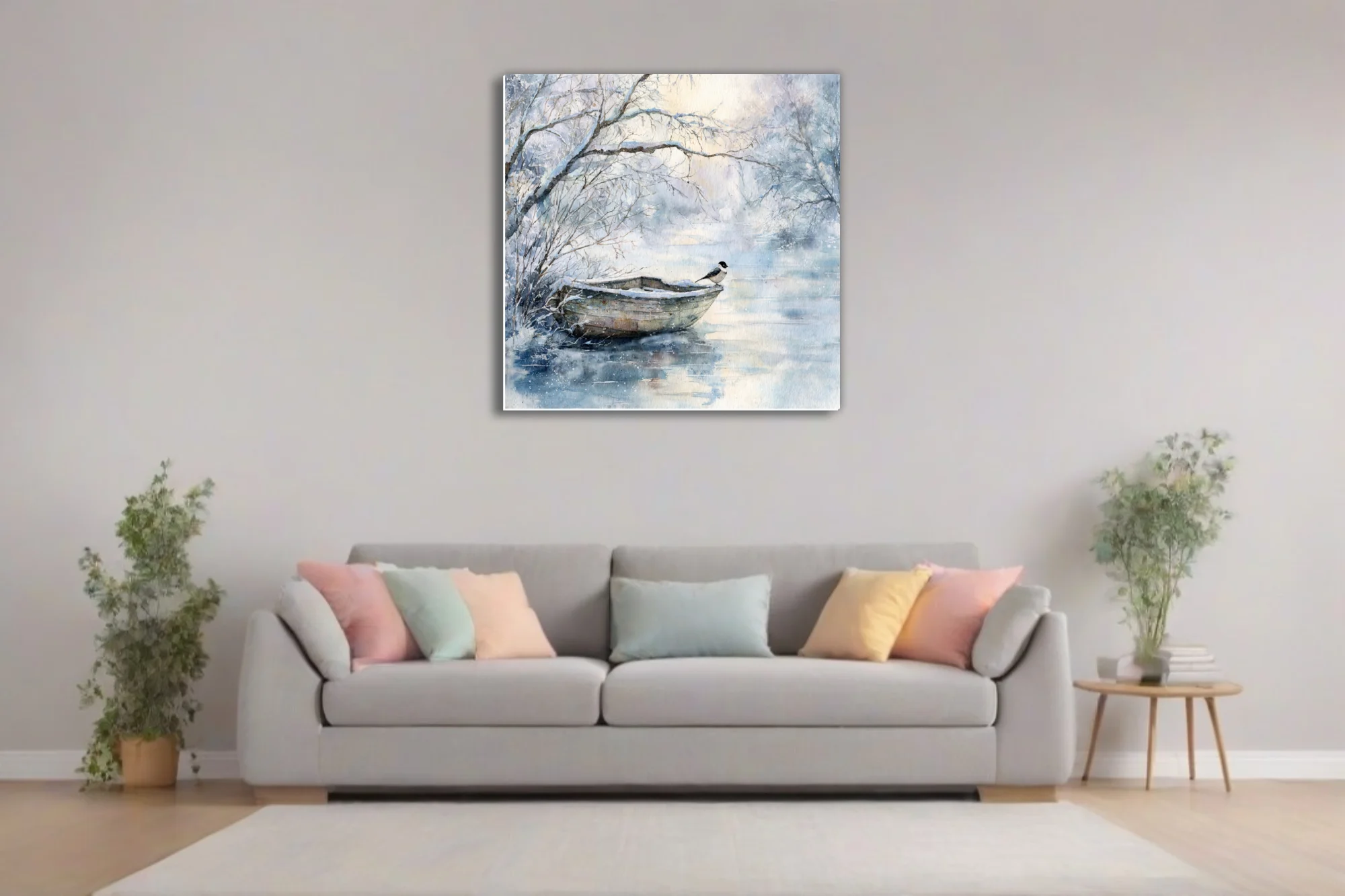 Watercolor-style winter lake scene with snow-dusted rowboat, small bird, bare branches, icy blues