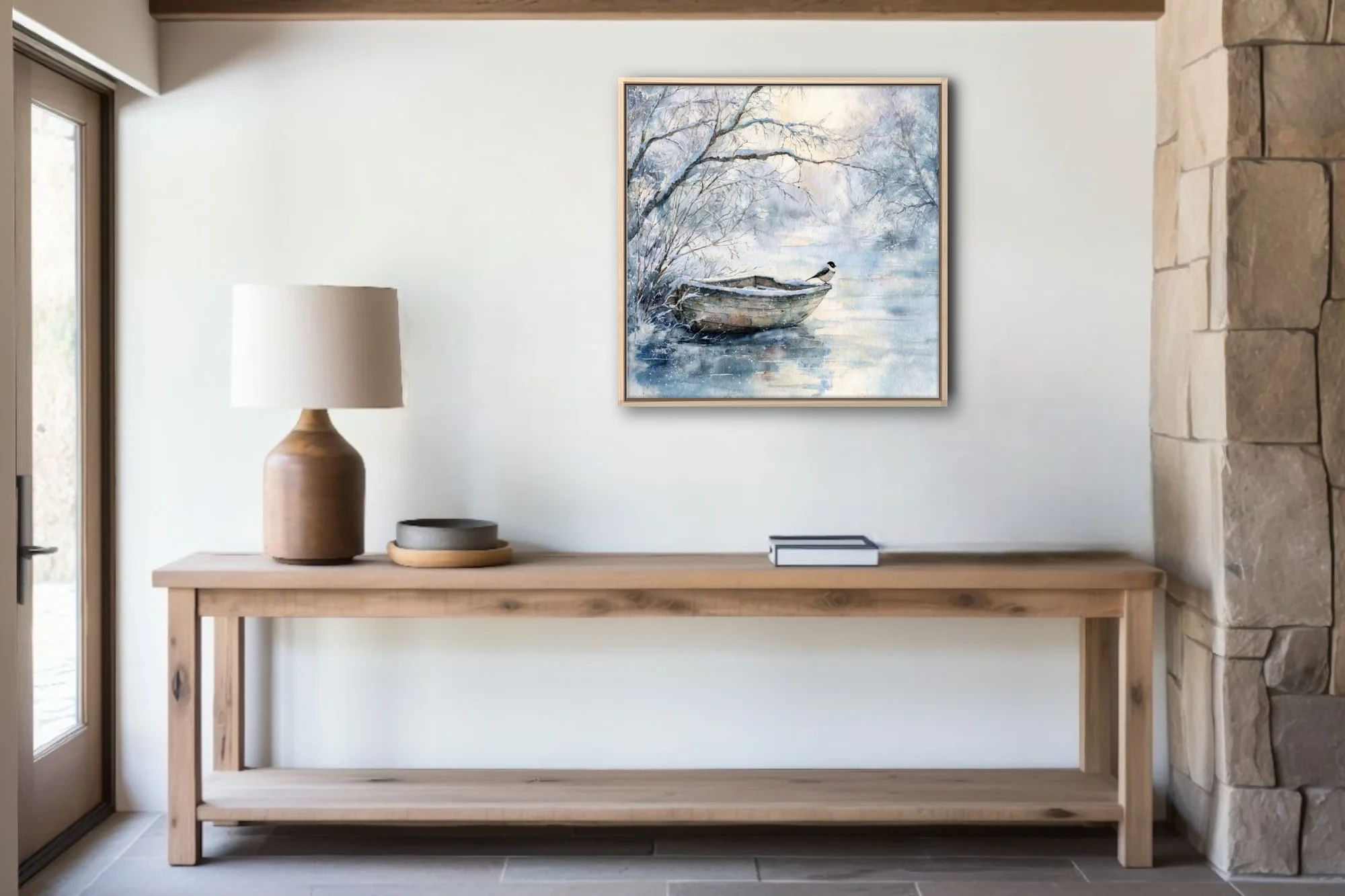 Watercolor-style winter lake scene with snow-dusted rowboat, small bird, bare branches, icy blues